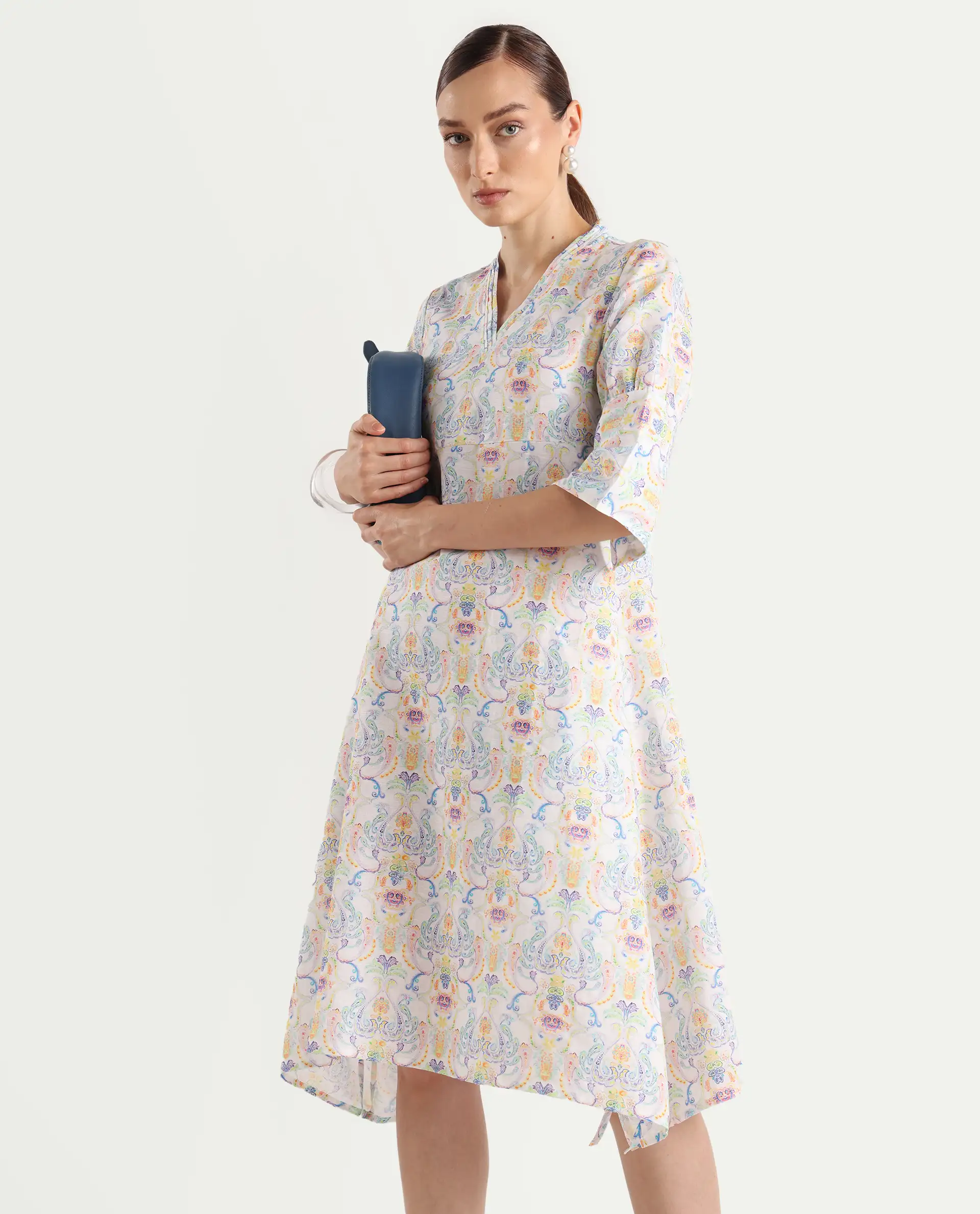 Rareism Women's Wherry Multi Linen V-Neck Abstract Print Midi Regular Fit Dress - Image 3