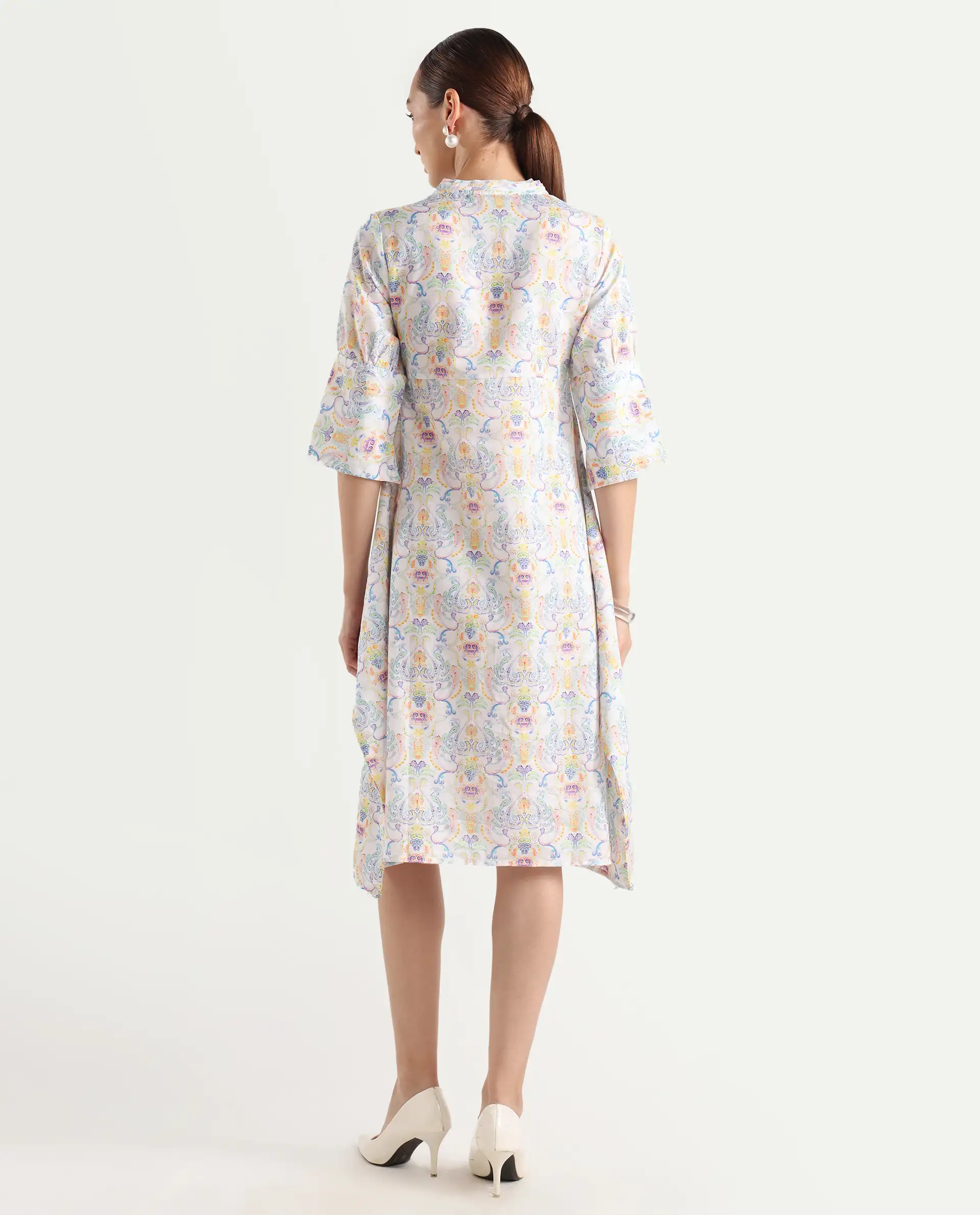 Rareism Women's Wherry Multi Linen V-Neck Abstract Print Midi Regular Fit Dress - Image 8