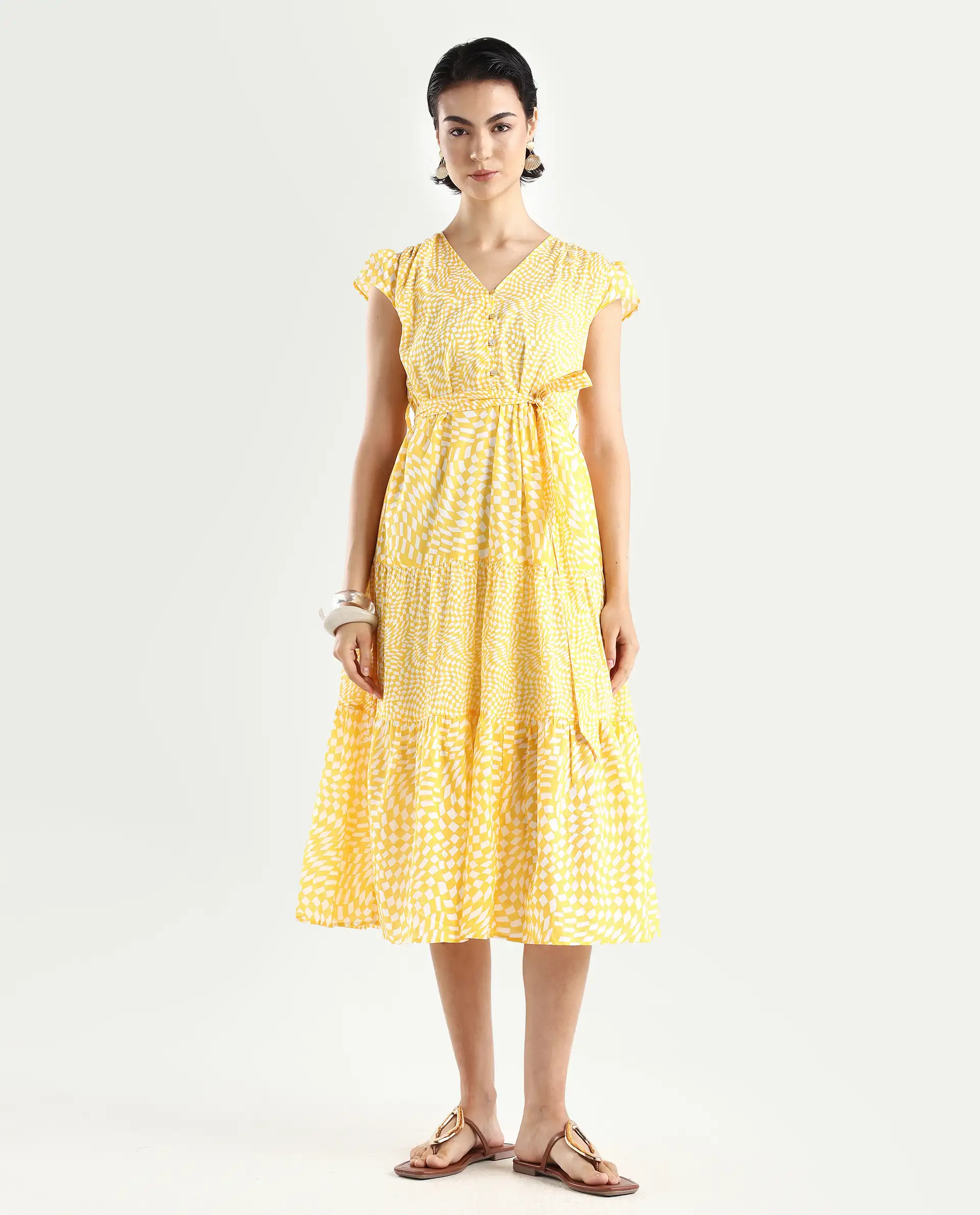 Rareism Women's Whitney Yellow Cotton V-Neck Geometric Print Cape Sleeve Knee Length Regular Fit Dress - Image 2