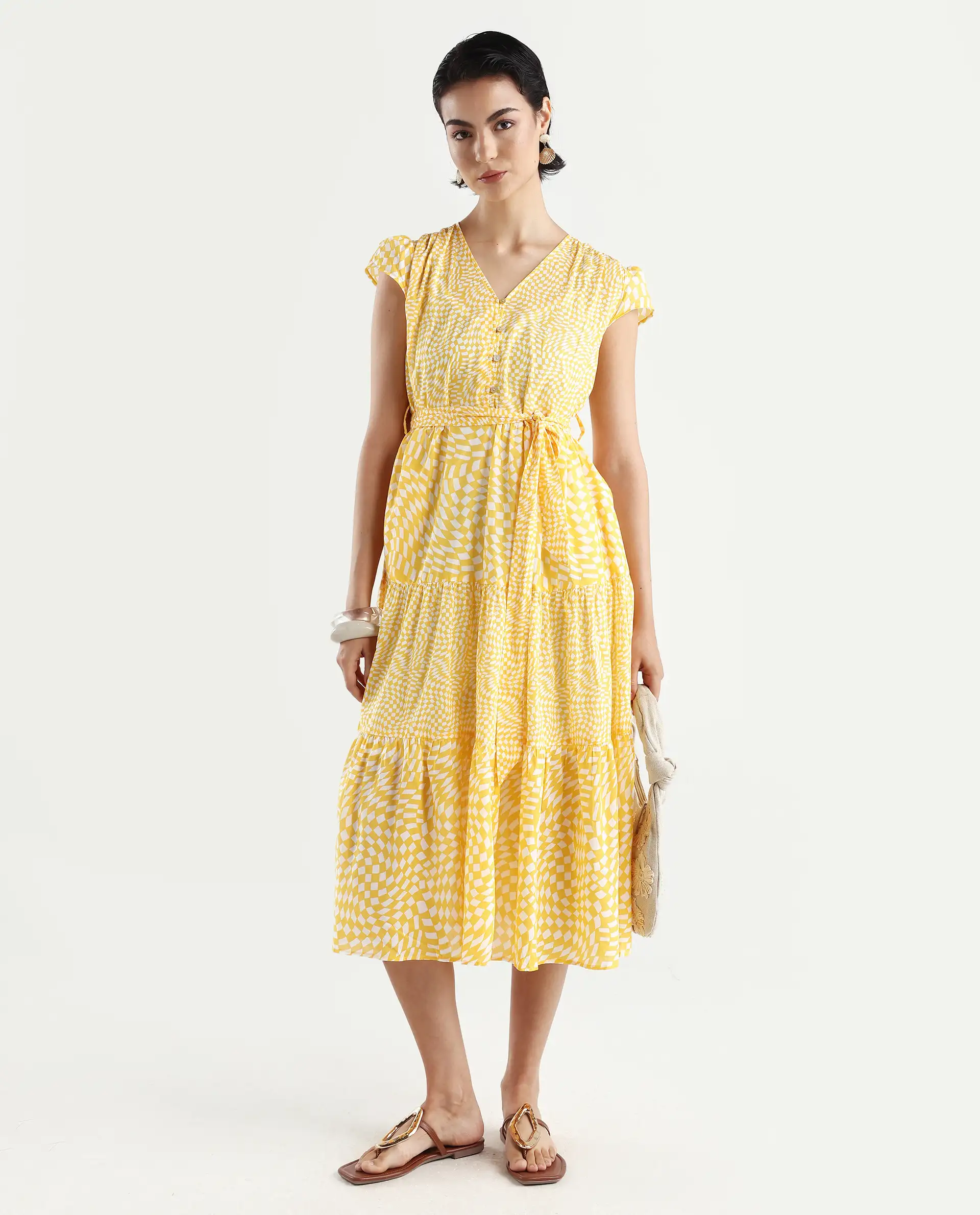 Rareism Women's Whitney Yellow Cotton V-Neck Geometric Print Cape Sleeve Knee Length Regular Fit Dress - Image 3
