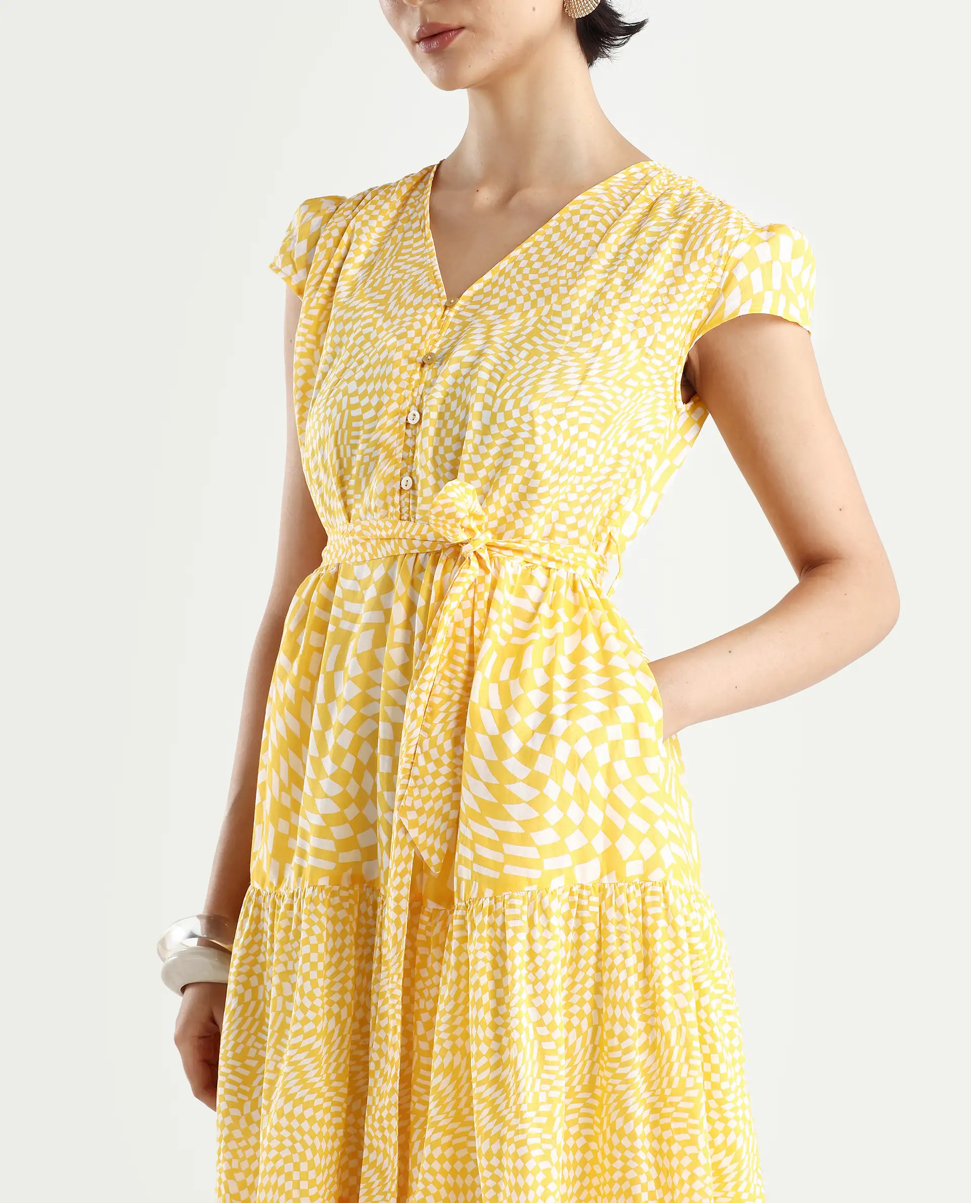 Rareism Women's Whitney Yellow Cotton V-Neck Geometric Print Cape Sleeve Knee Length Regular Fit Dress - Image 4