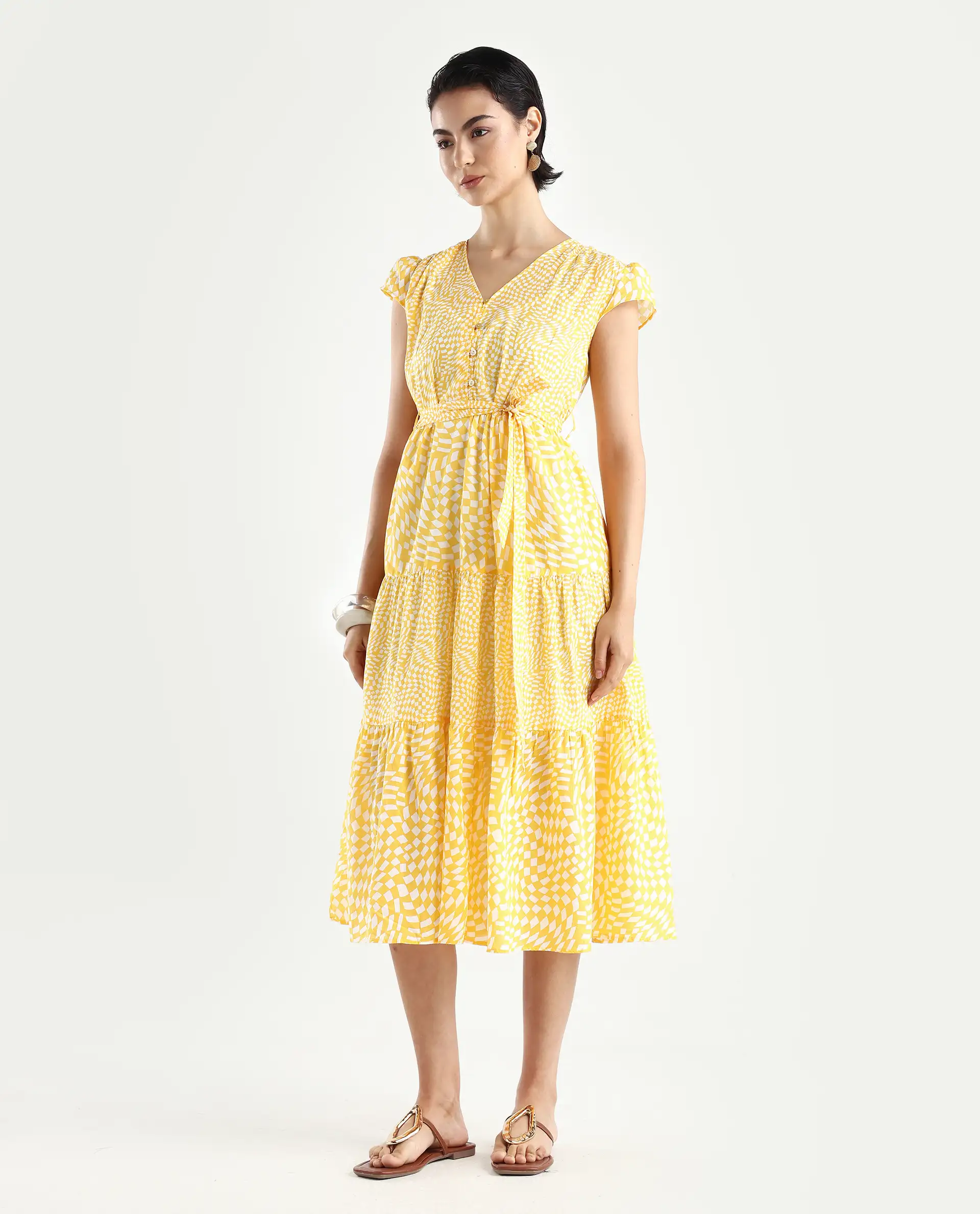 Rareism Women's Whitney Yellow Cotton V-Neck Geometric Print Cape Sleeve Knee Length Regular Fit Dress - Image 5