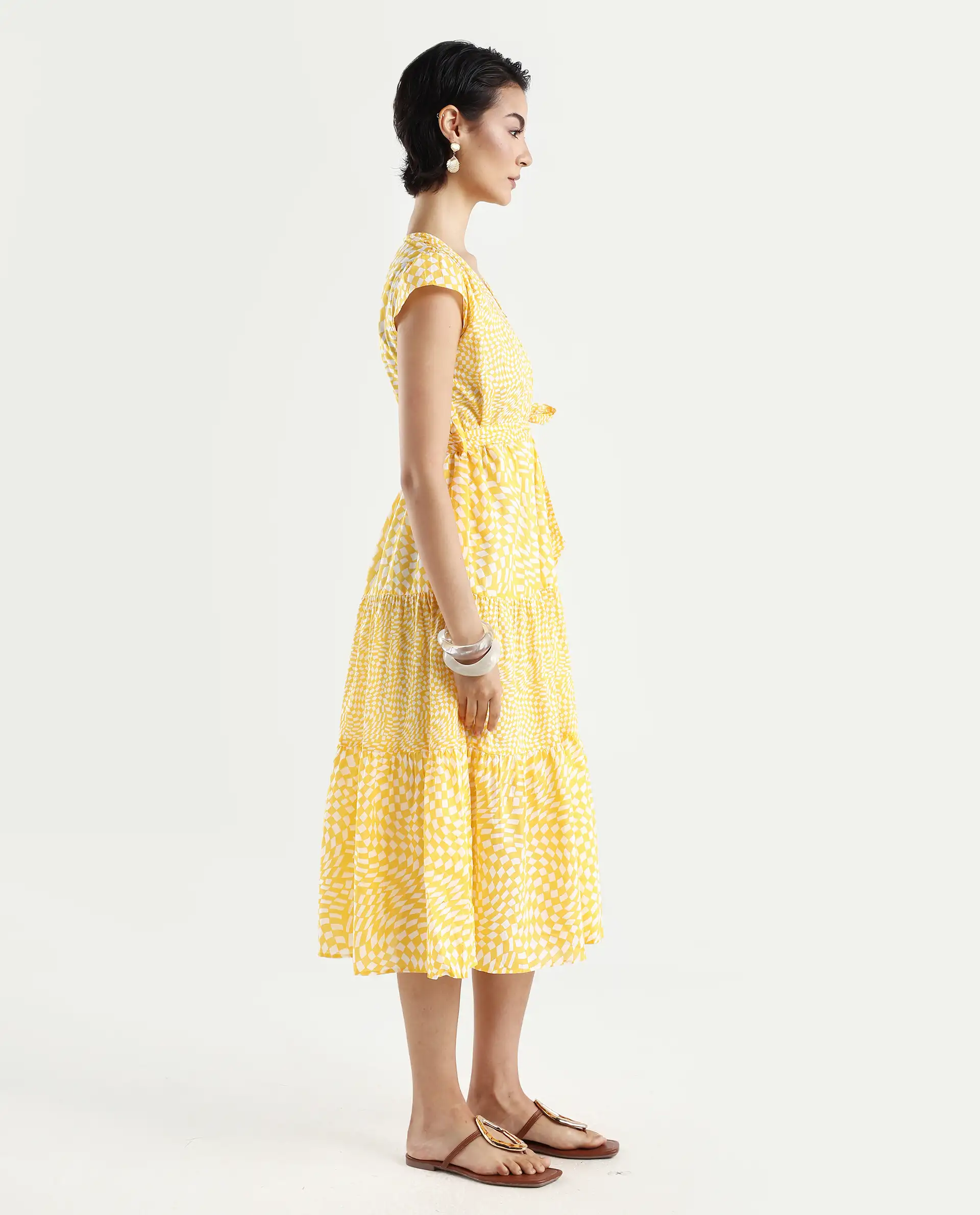 Rareism Women's Whitney Yellow Cotton V-Neck Geometric Print Cape Sleeve Knee Length Regular Fit Dress - Image 6
