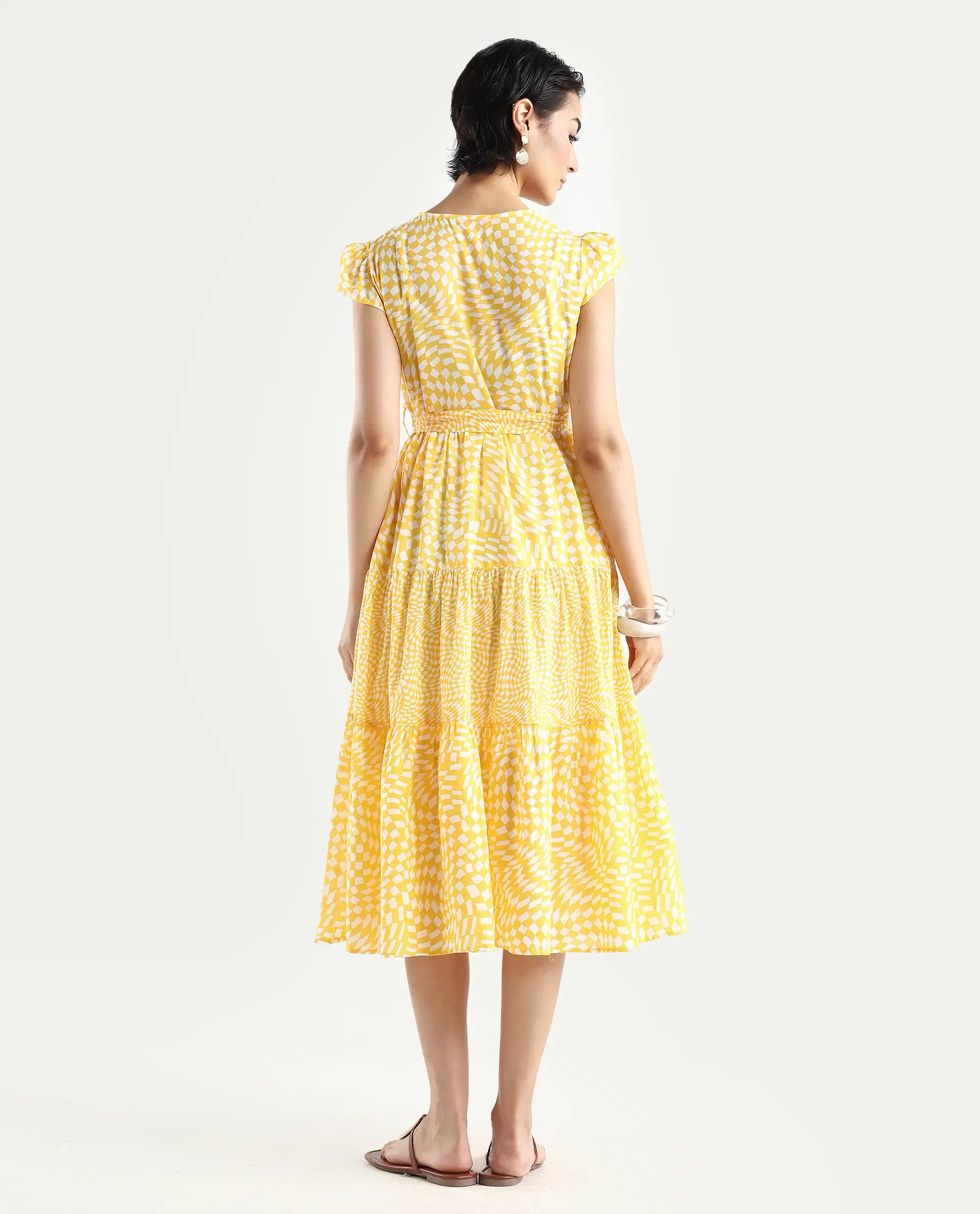 Rareism Women's Whitney Yellow Cotton V-Neck Geometric Print Cape Sleeve Knee Length Regular Fit Dress - Image 7
