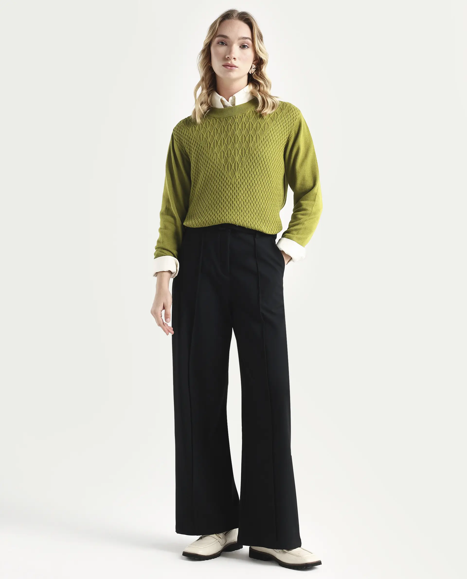 Rareism Women's Whittall Olive Cotton High Neck Plain Relaxed Fit Sweater - Image 2