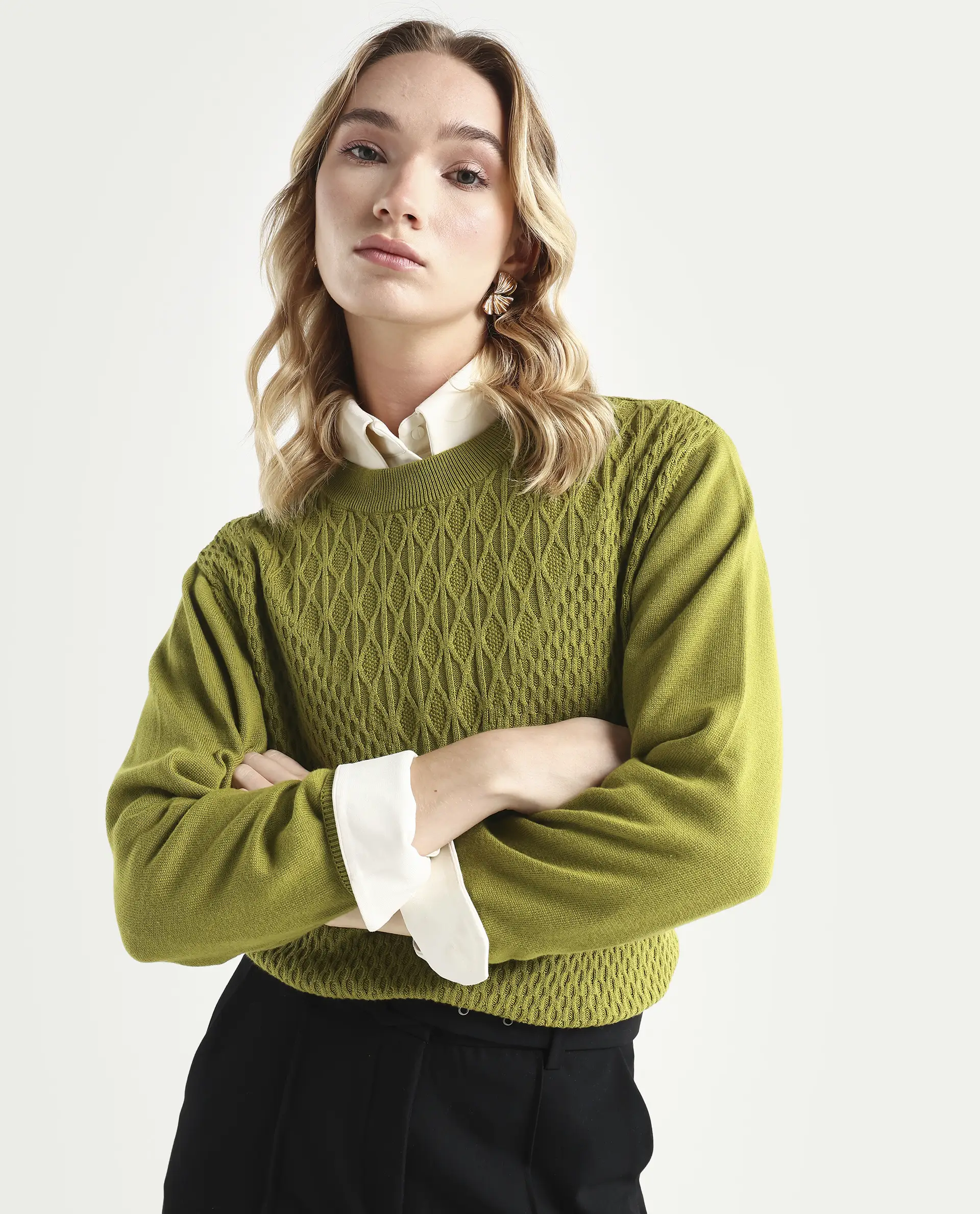 Rareism Women's Whittall Olive Cotton High Neck Plain Relaxed Fit Sweater - Image 3