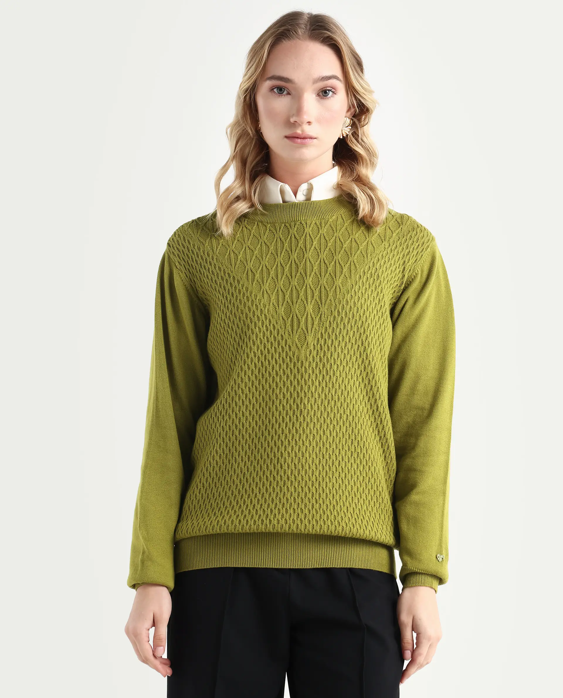 Rareism Women's Whittall Olive Cotton High Neck Plain Relaxed Fit Sweater - Image 5