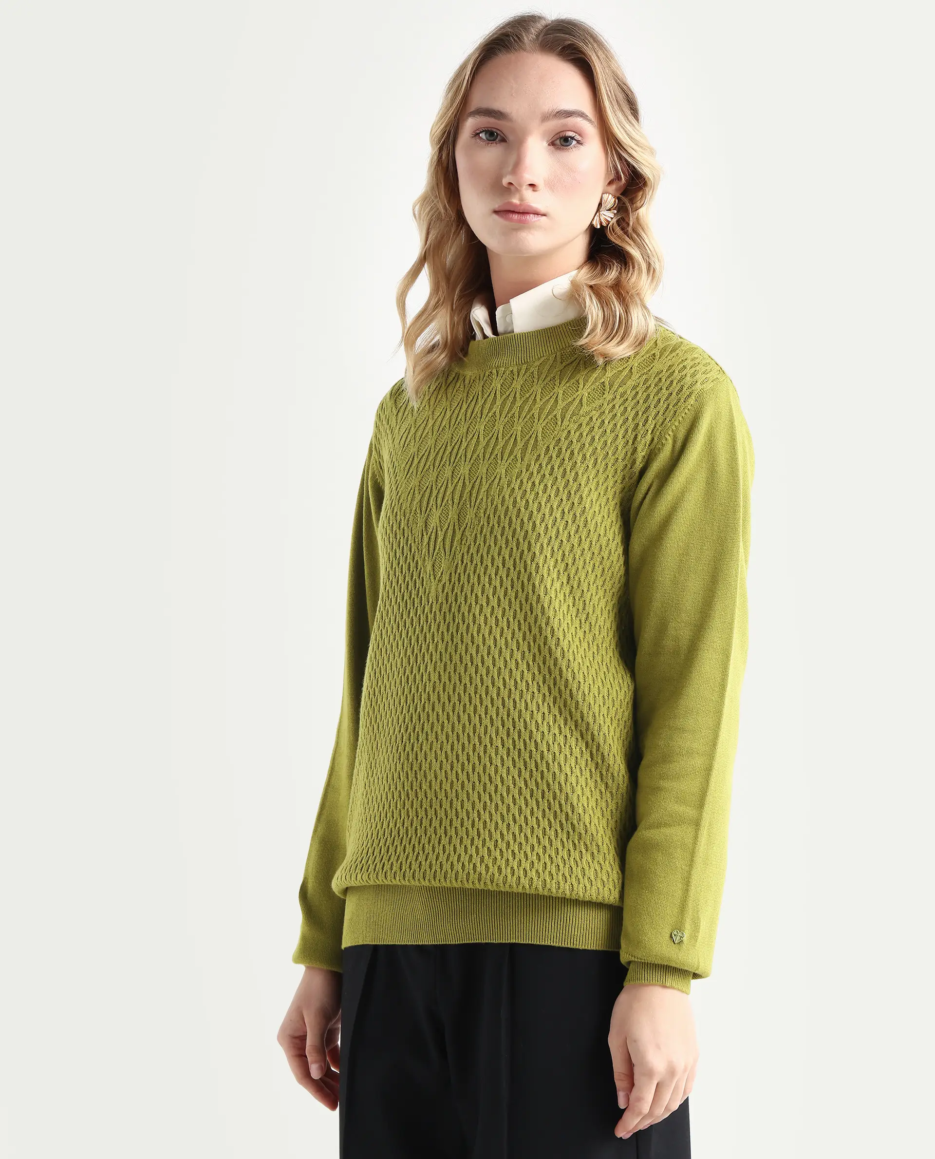 Rareism Women's Whittall Olive Cotton High Neck Plain Relaxed Fit Sweater - Image 6