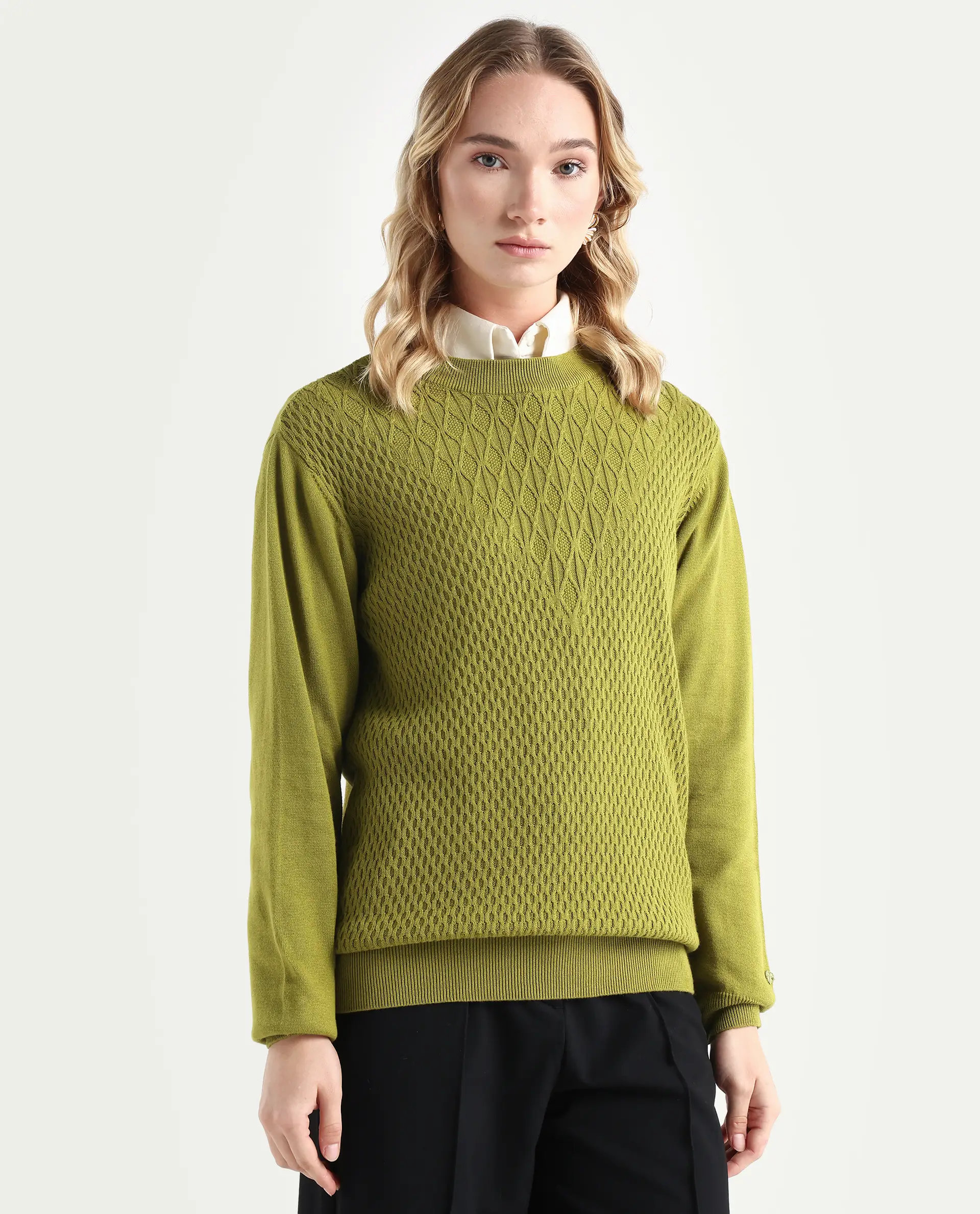 Rareism Women's Whittall Olive Cotton High Neck Plain Relaxed Fit Sweater - Image 7