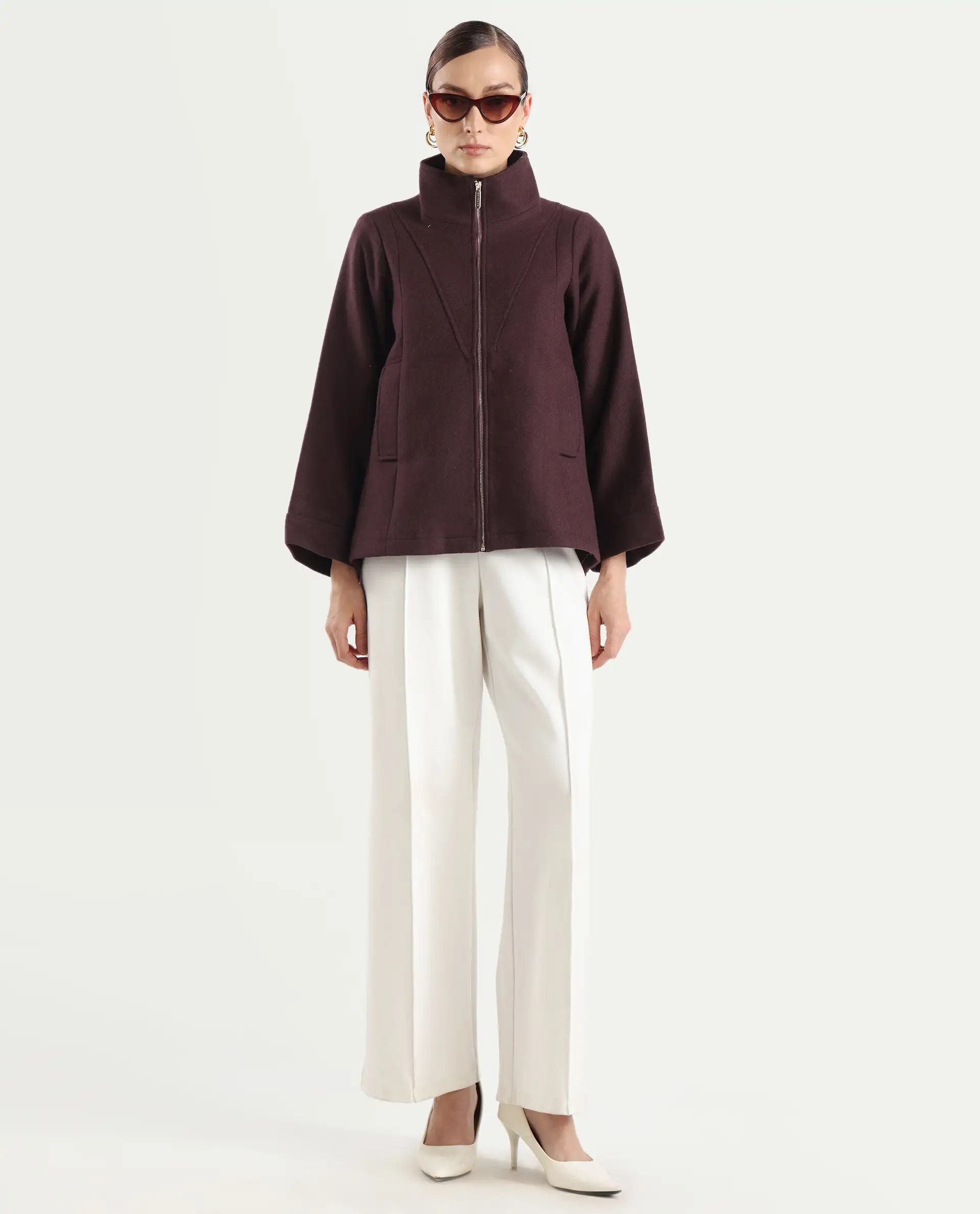 Rareism Women's Whyla Dark Maroon Stand Collar Plain Raglan Sleeve Boxy Fit Jacket - Image 2