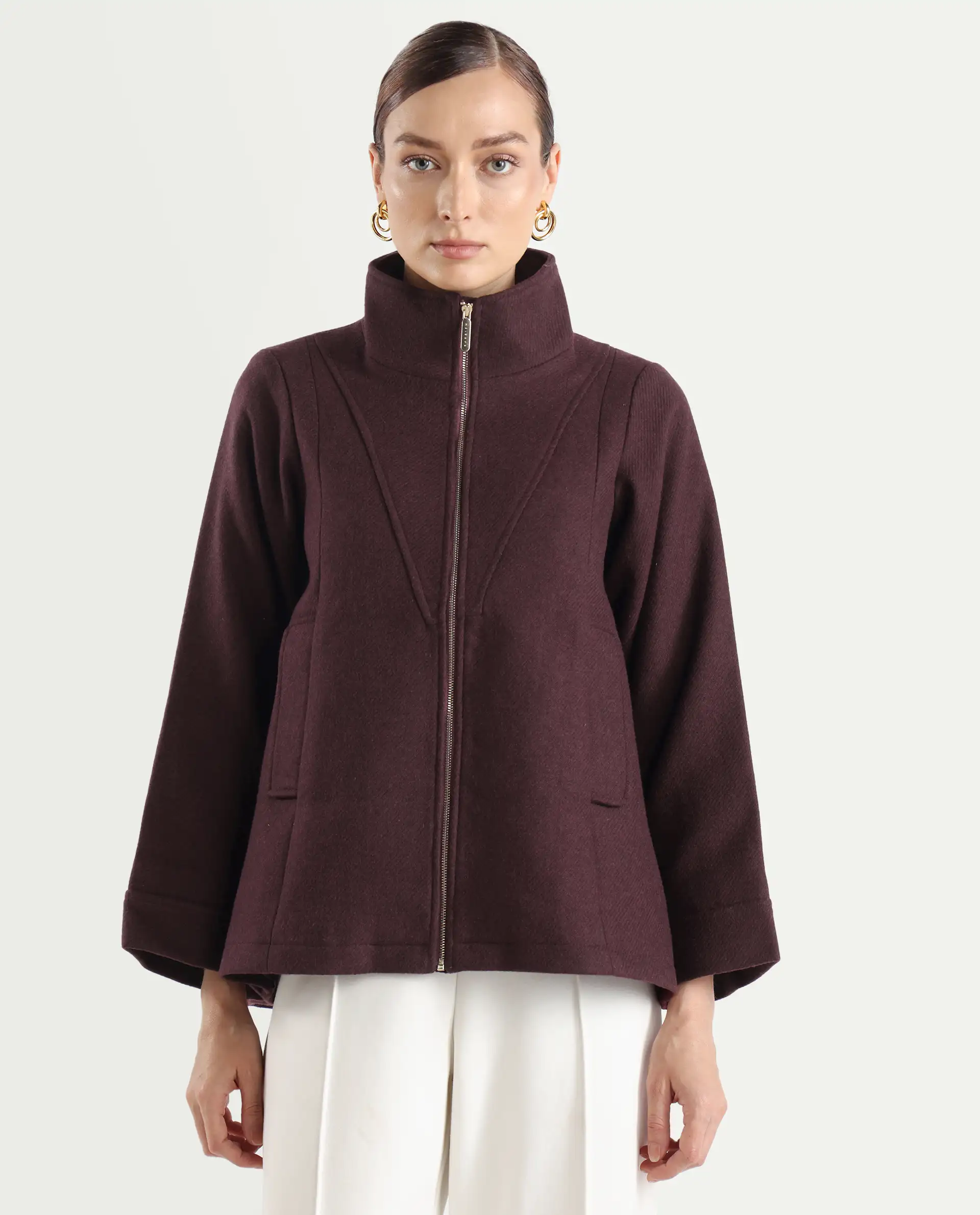Rareism Women's Whyla Dark Maroon Stand Collar Plain Raglan Sleeve Boxy Fit Jacket - Image 3