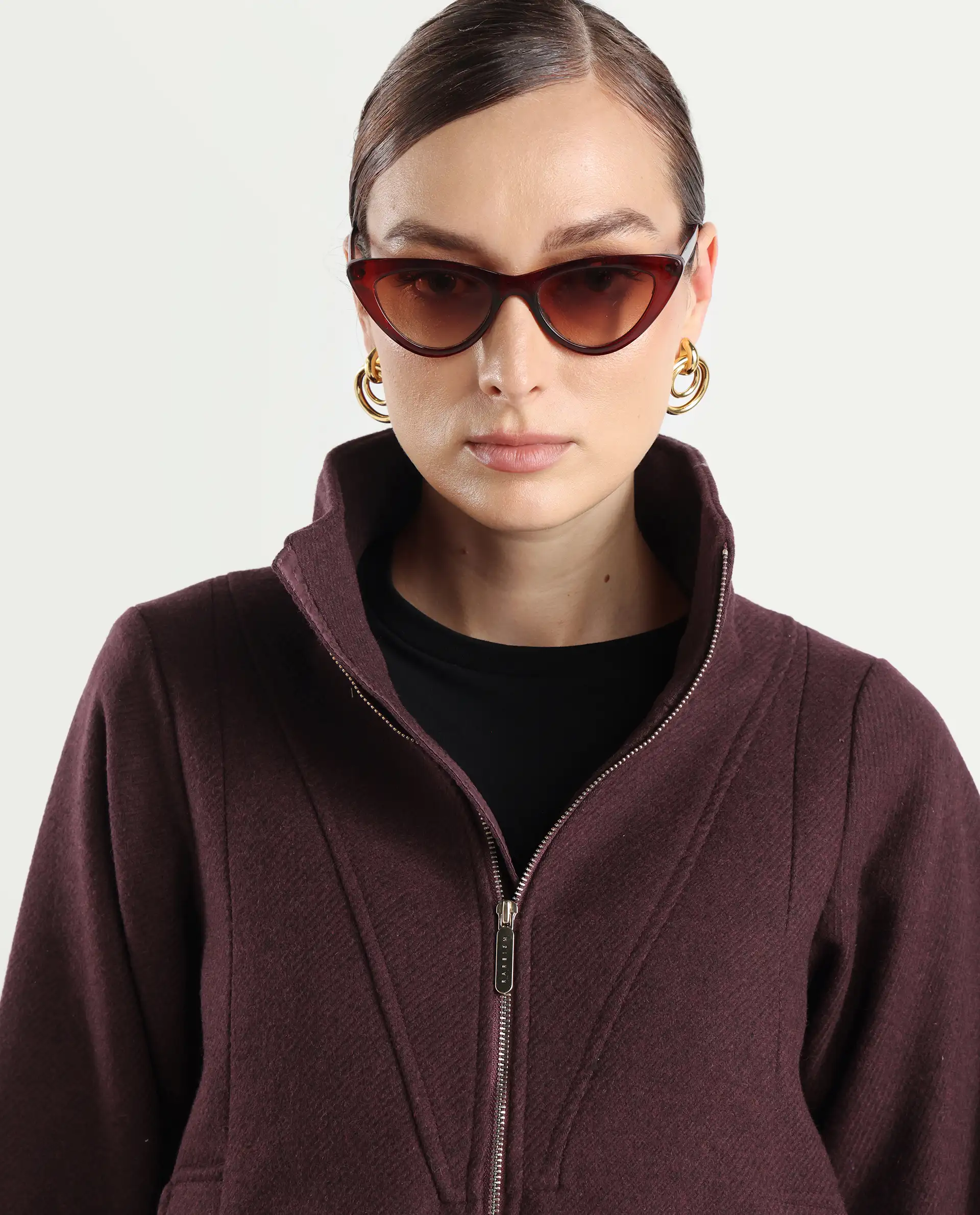 Rareism Women's Whyla Dark Maroon Stand Collar Plain Raglan Sleeve Boxy Fit Jacket - Image 4
