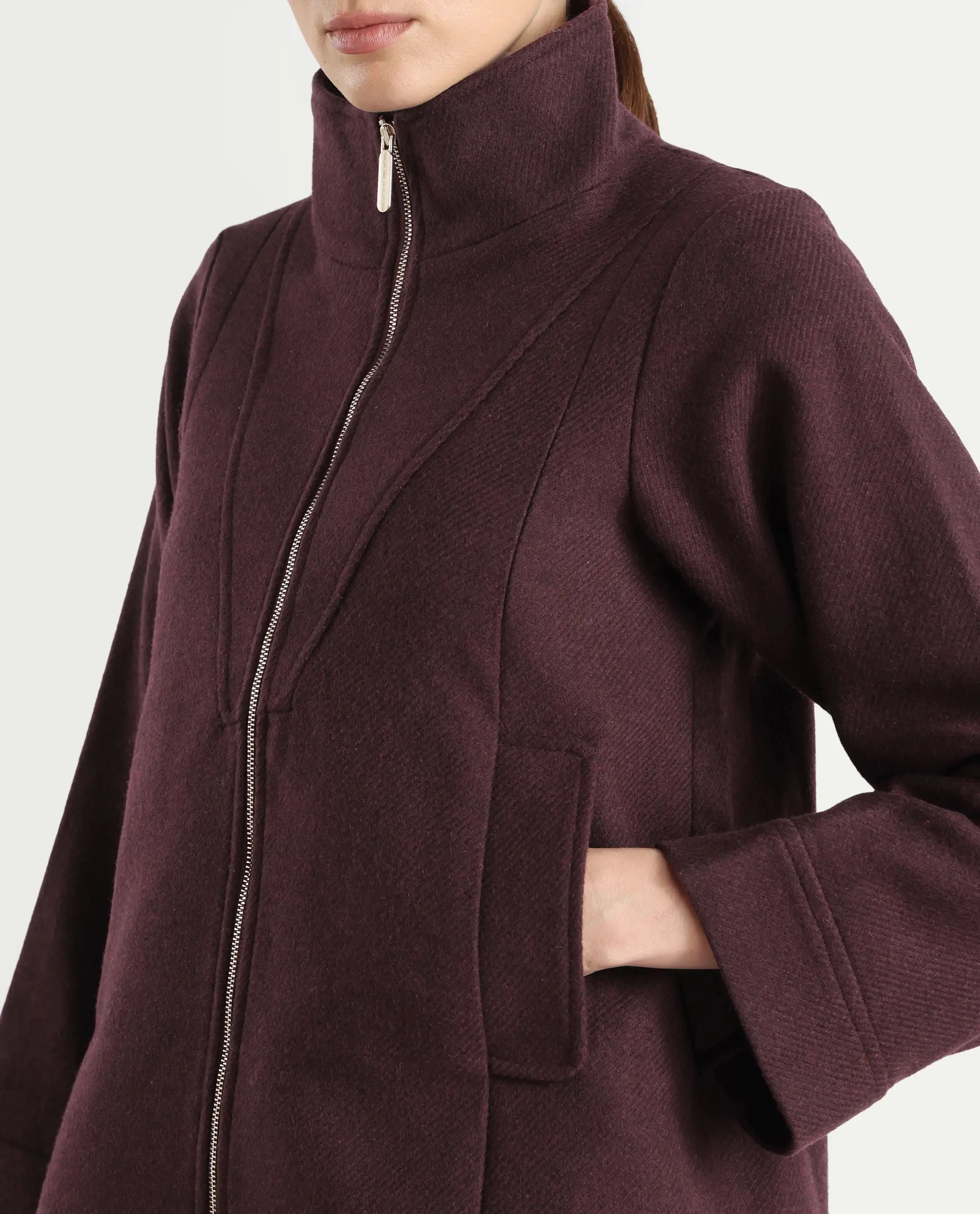 Rareism Women's Whyla Dark Maroon Stand Collar Plain Raglan Sleeve Boxy Fit Jacket - Image 5