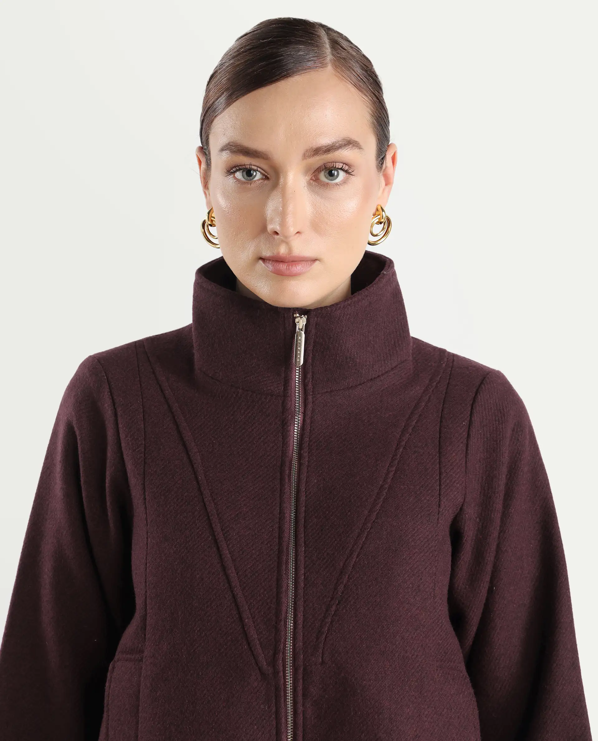 Rareism Women's Whyla Dark Maroon Stand Collar Plain Raglan Sleeve Boxy Fit Jacket - Image 6