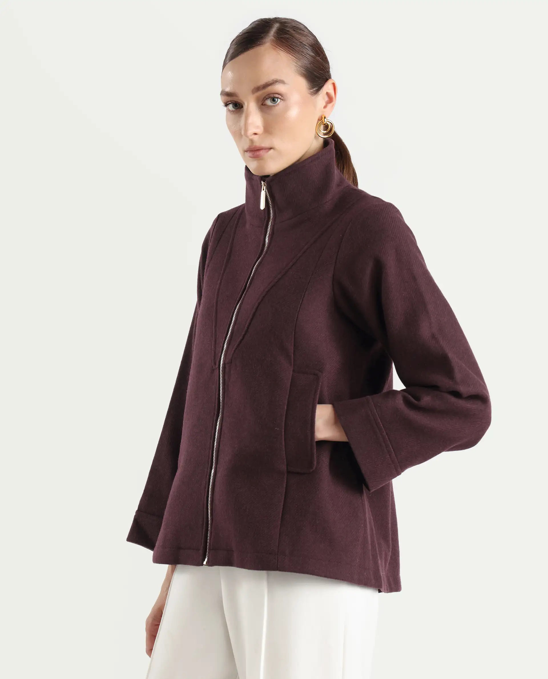 Rareism Women's Whyla Dark Maroon Stand Collar Plain Raglan Sleeve Boxy Fit Jacket - Image 7