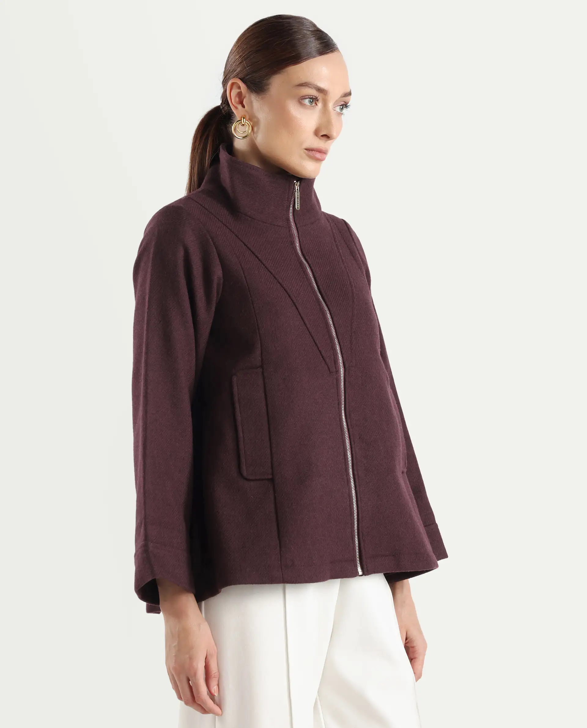 Rareism Women's Whyla Dark Maroon Stand Collar Plain Raglan Sleeve Boxy Fit Jacket - Image 8