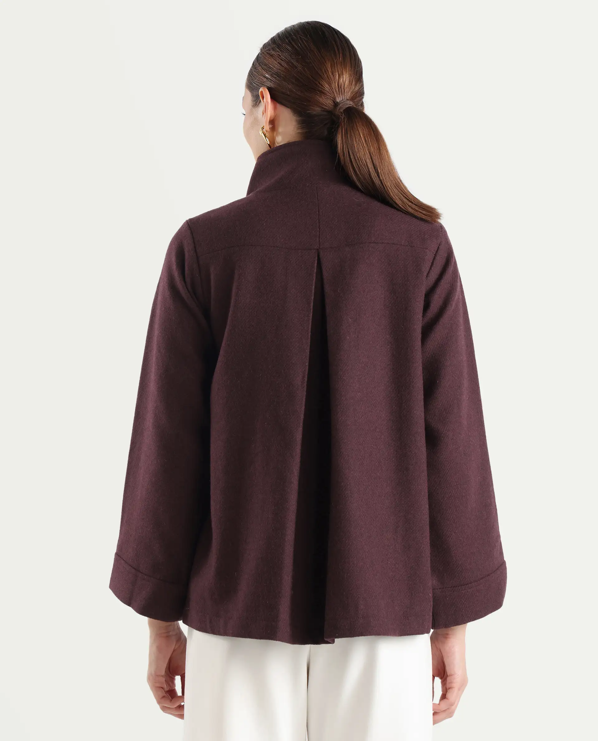 Rareism Women's Whyla Dark Maroon Stand Collar Plain Raglan Sleeve Boxy Fit Jacket - Image 9