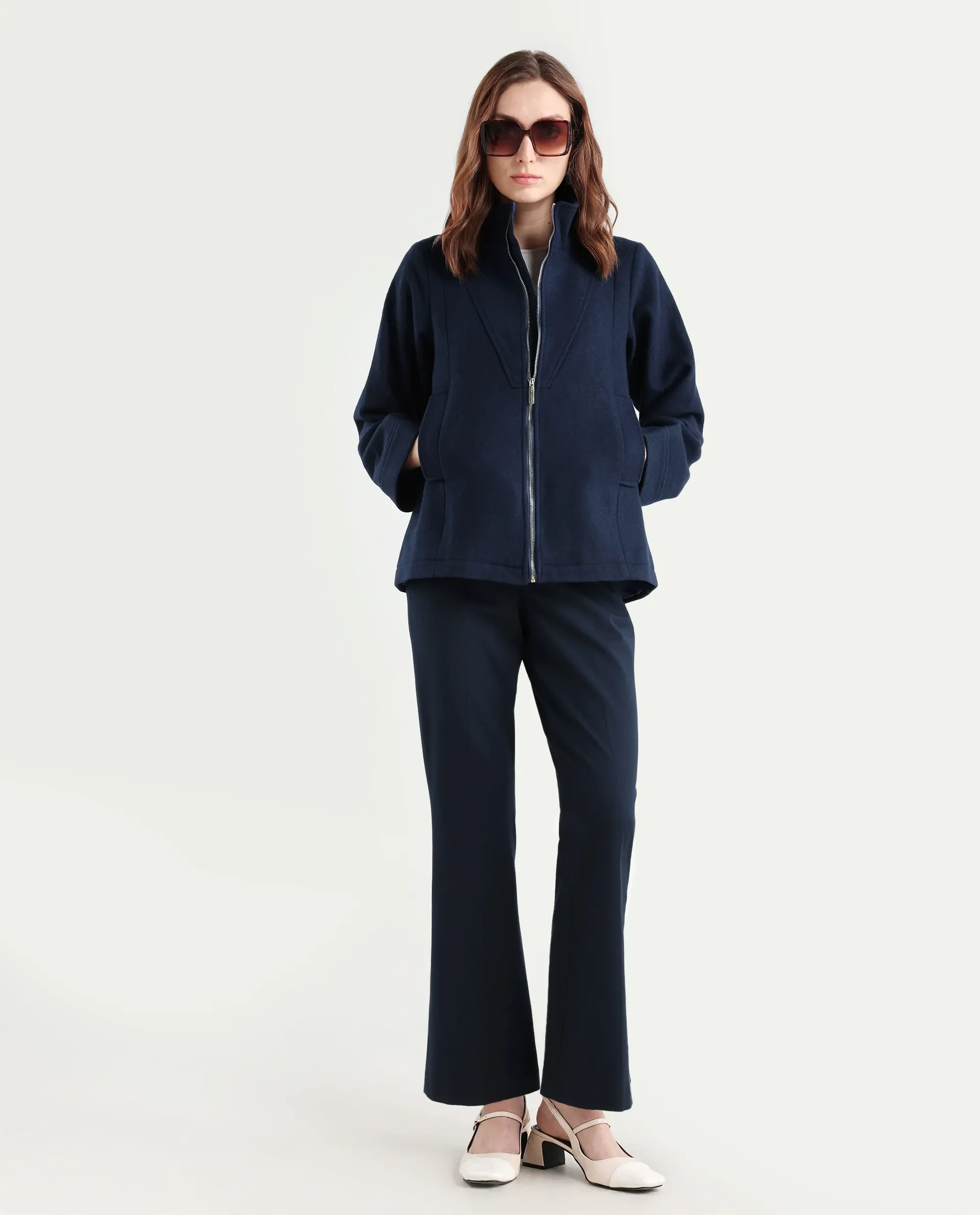 Rareism Women's Whyla Navy Stand Collar Plain Raglan Sleeve Boxy Fit Jacket - Image 2