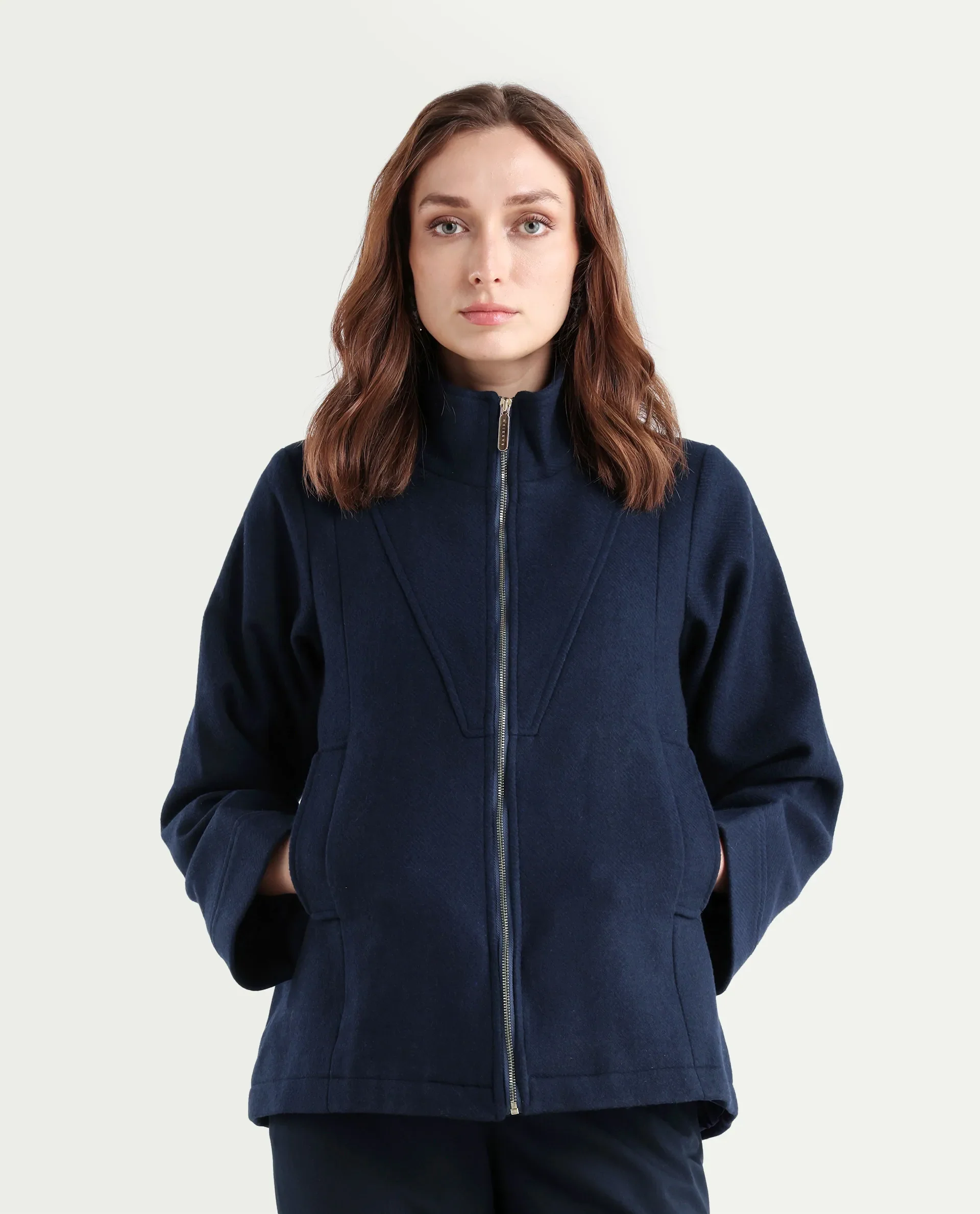 Rareism Women's Whyla Navy Stand Collar Plain Raglan Sleeve Boxy Fit Jacket - Image 3