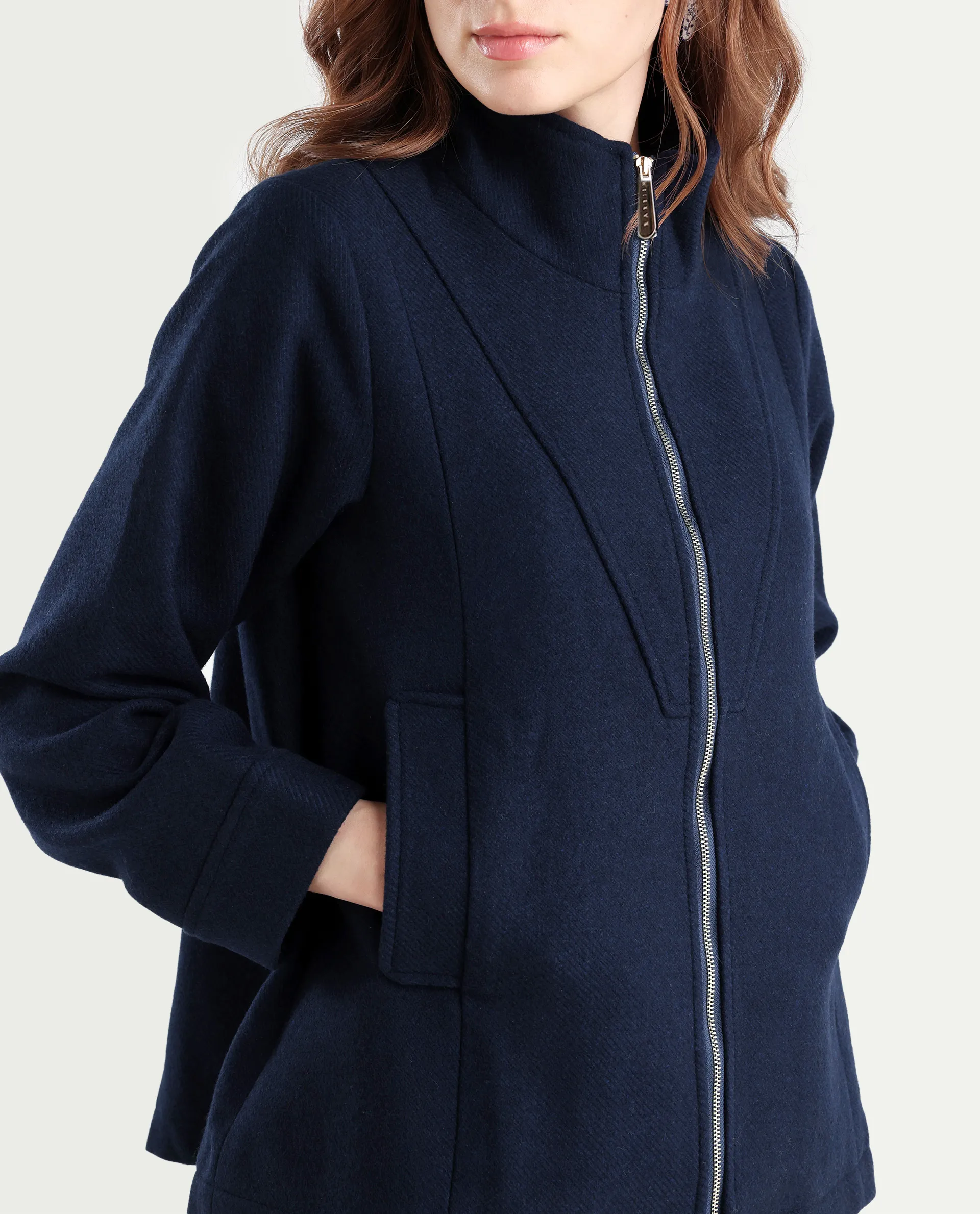 Rareism Women's Whyla Navy Stand Collar Plain Raglan Sleeve Boxy Fit Jacket - Image 5