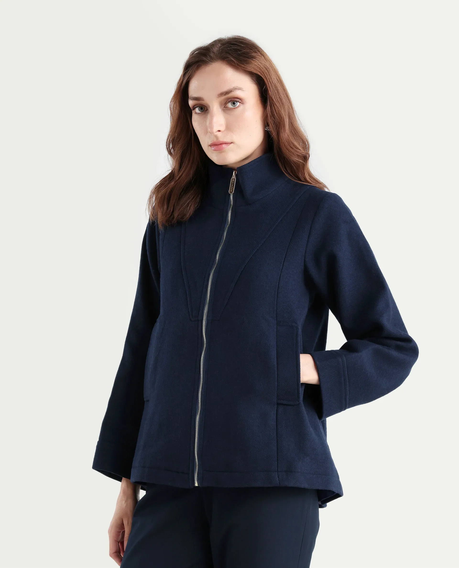 Rareism Women's Whyla Navy Stand Collar Plain Raglan Sleeve Boxy Fit Jacket - Image 6