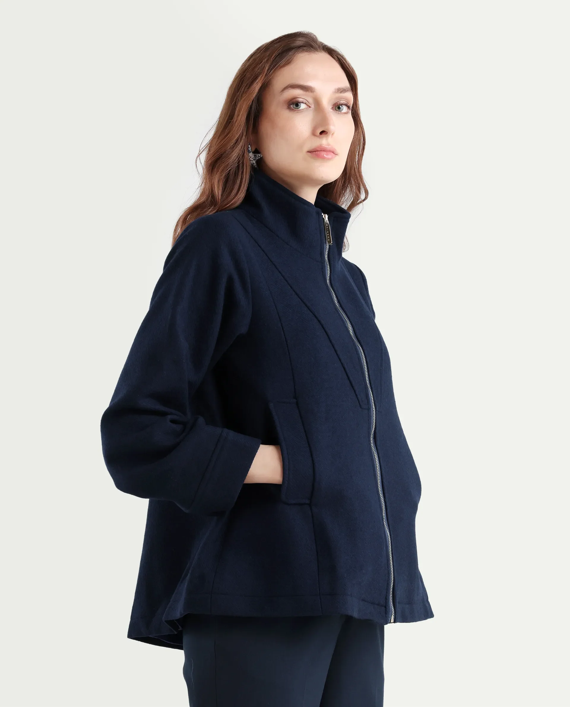 Rareism Women's Whyla Navy Stand Collar Plain Raglan Sleeve Boxy Fit Jacket - Image 7