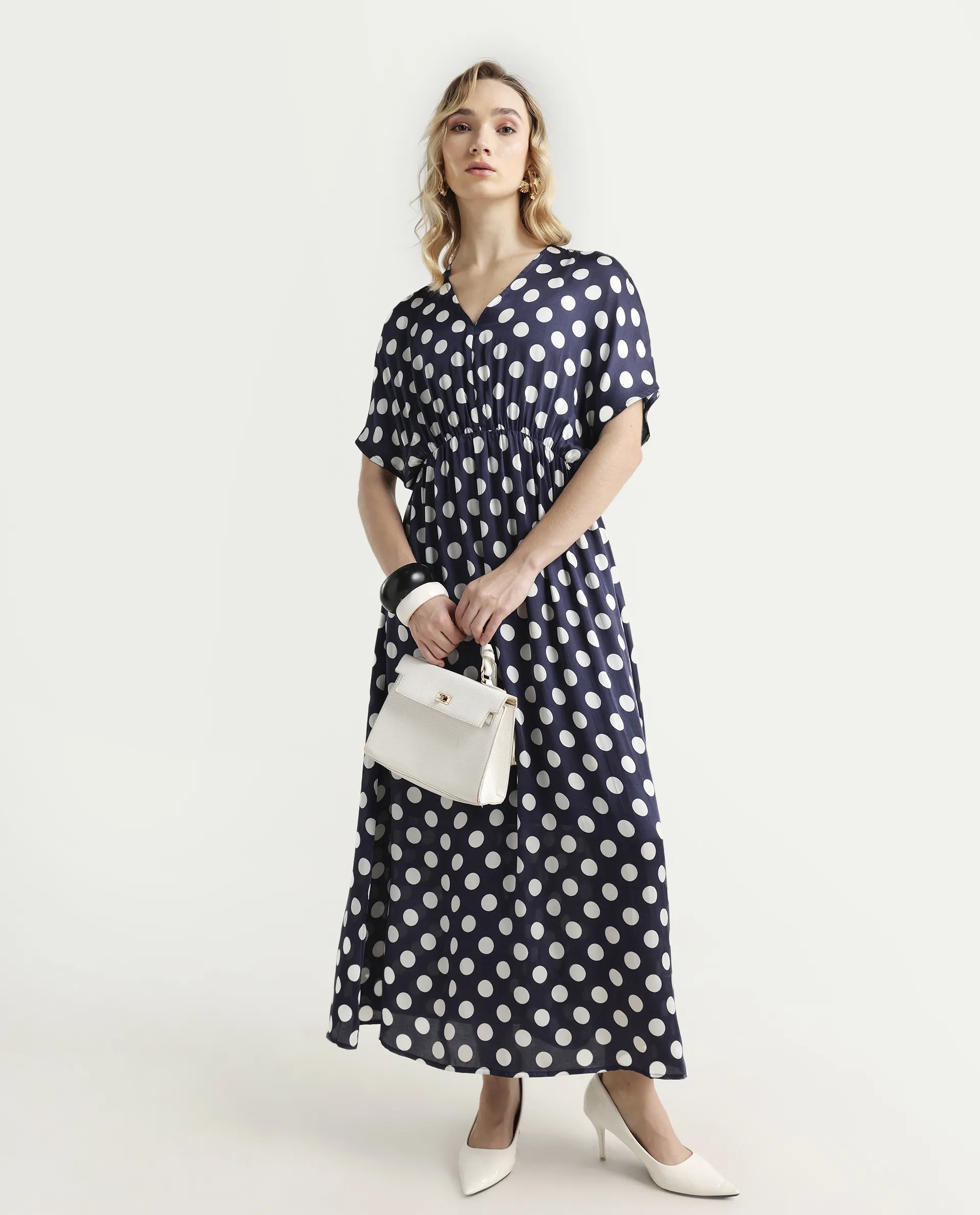 Rareism Women's Wicked Blue Modal Blend V-Neck Polka Print Extended Sleeves Maxi Regular Fit Dress - Image 2