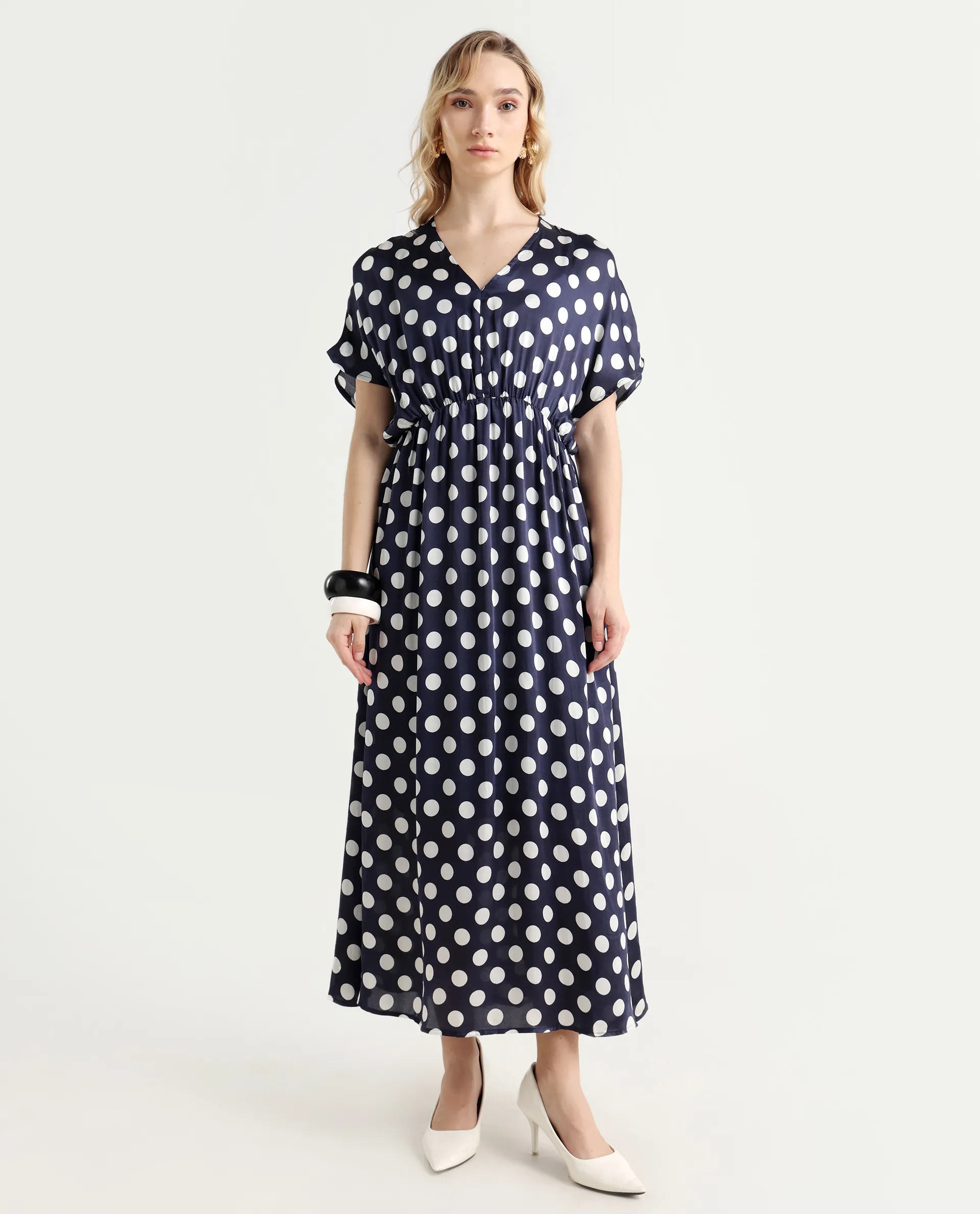 Rareism Women's Wicked Blue Modal Blend V-Neck Polka Print Extended Sleeves Maxi Regular Fit Dress - Image 3