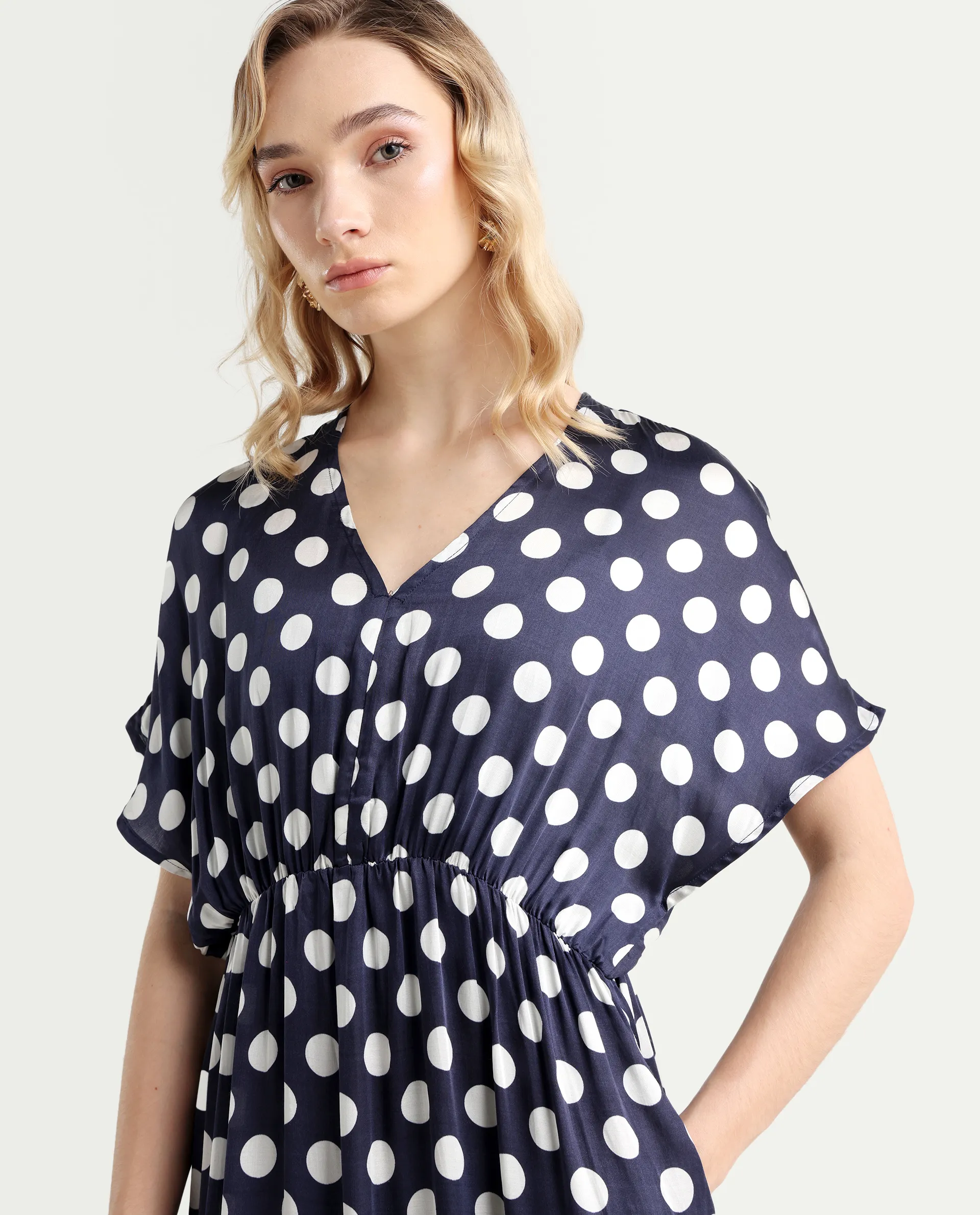 Rareism Women's Wicked Blue Modal Blend V-Neck Polka Print Extended Sleeves Maxi Regular Fit Dress - Image 4