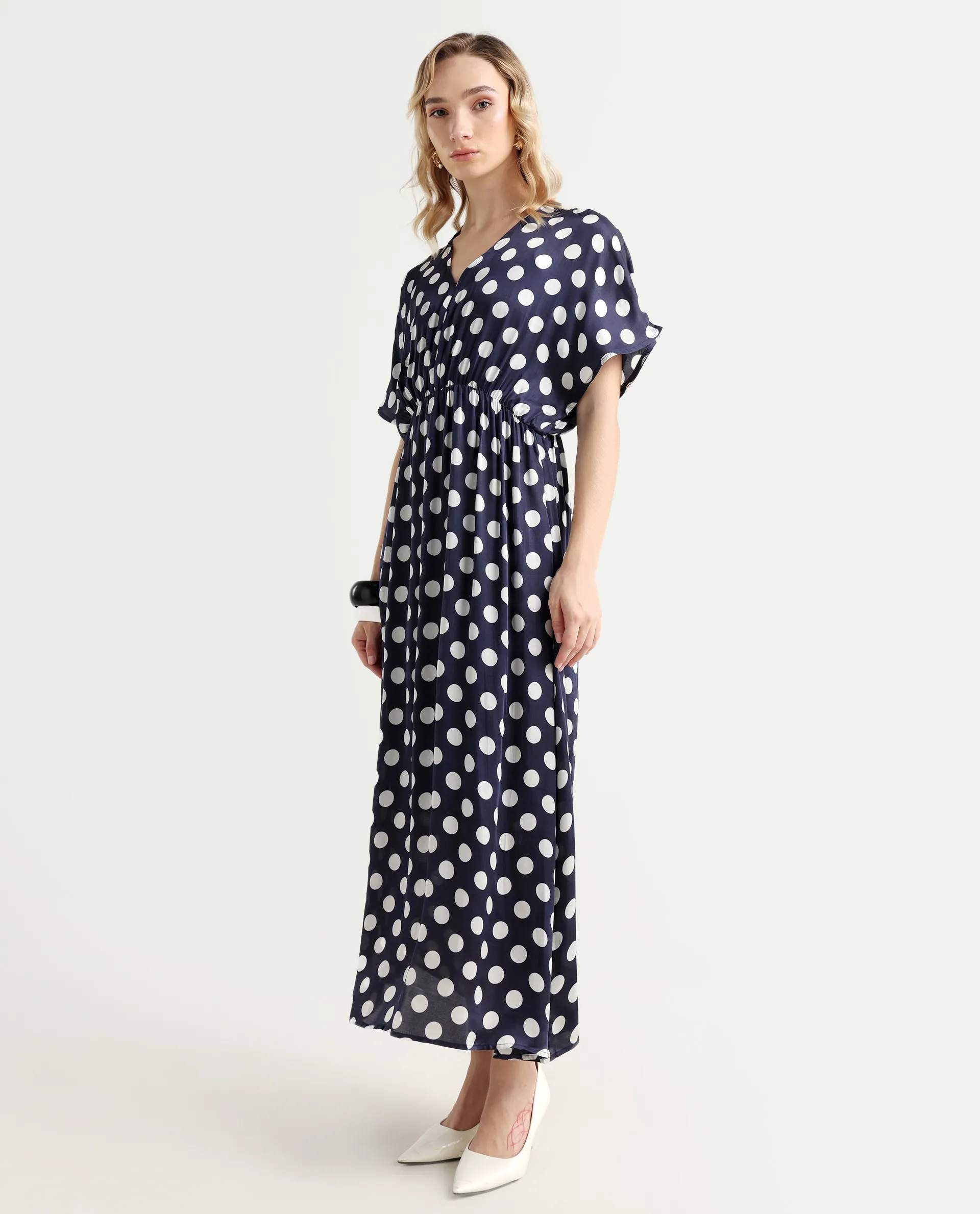 Rareism Women's Wicked Blue Modal Blend V-Neck Polka Print Extended Sleeves Maxi Regular Fit Dress - Image 5