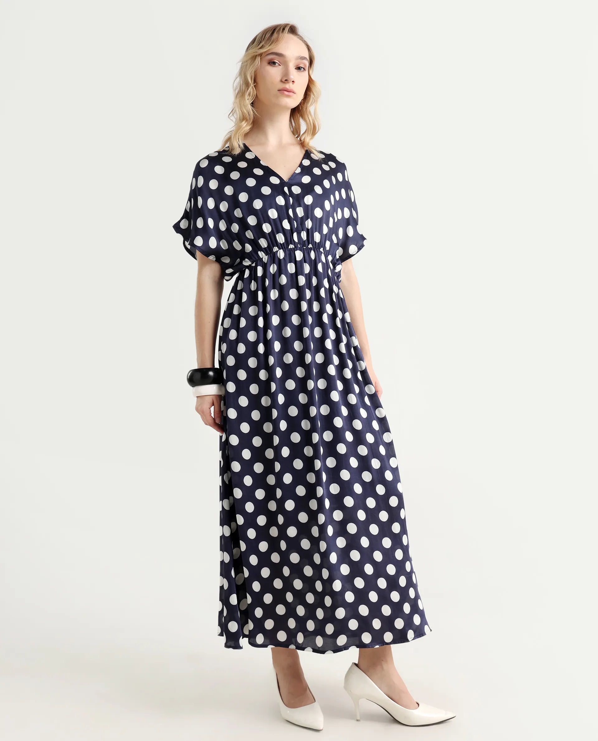 Rareism Women's Wicked Blue Modal Blend V-Neck Polka Print Extended Sleeves Maxi Regular Fit Dress - Image 6