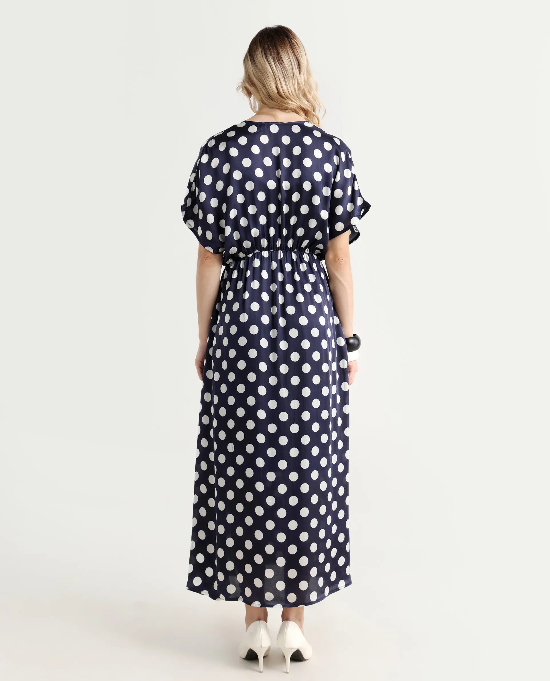 Rareism Women's Wicked Blue Modal Blend V-Neck Polka Print Extended Sleeves Maxi Regular Fit Dress - Image 7