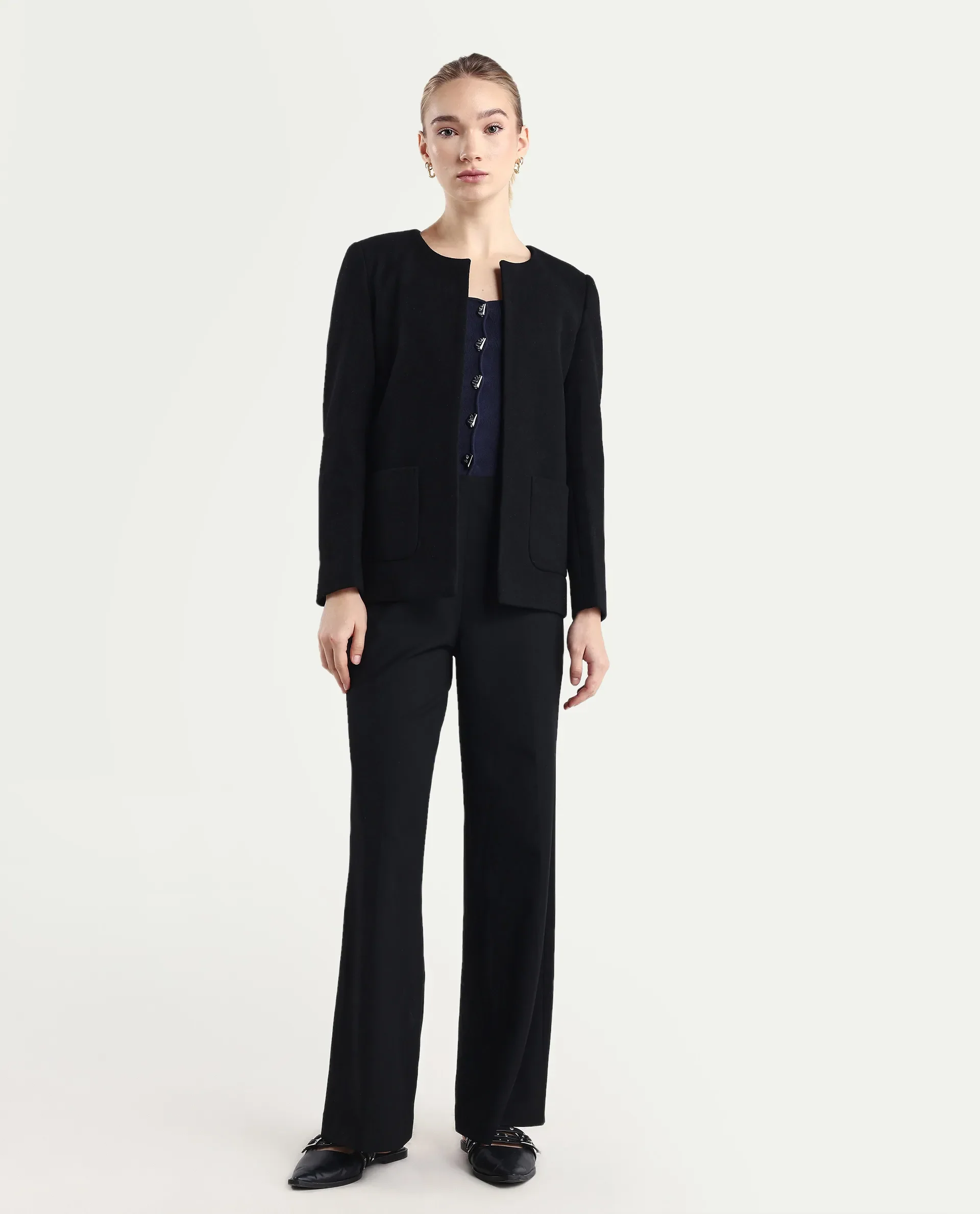 Rareism Women Wido Black Polyester Blend Button Closure Wide Leg Fit Plain Travel Trouser - Image 2