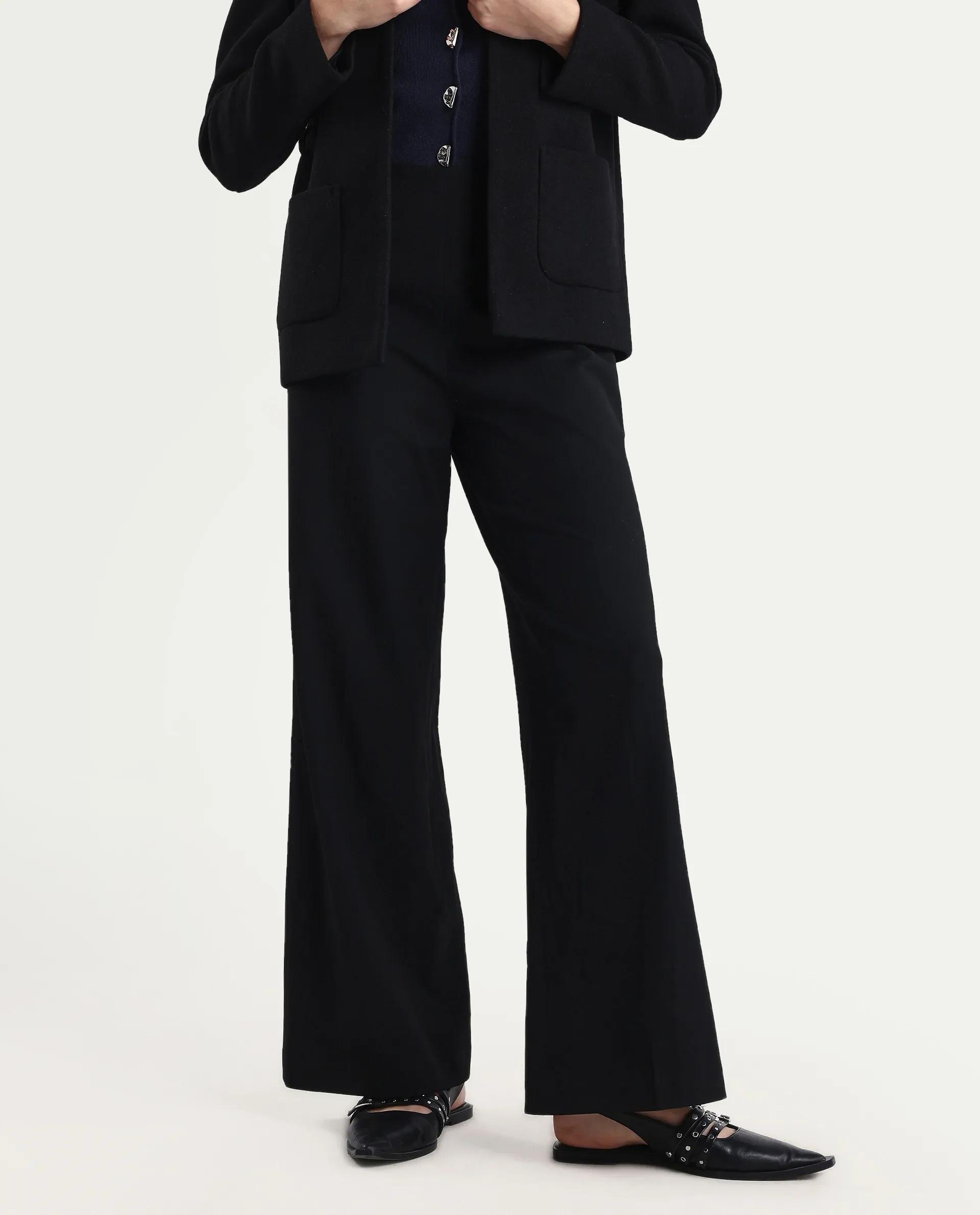 Rareism Women Wido Black Polyester Blend Button Closure Wide Leg Fit Plain Travel Trouser - Image 3
