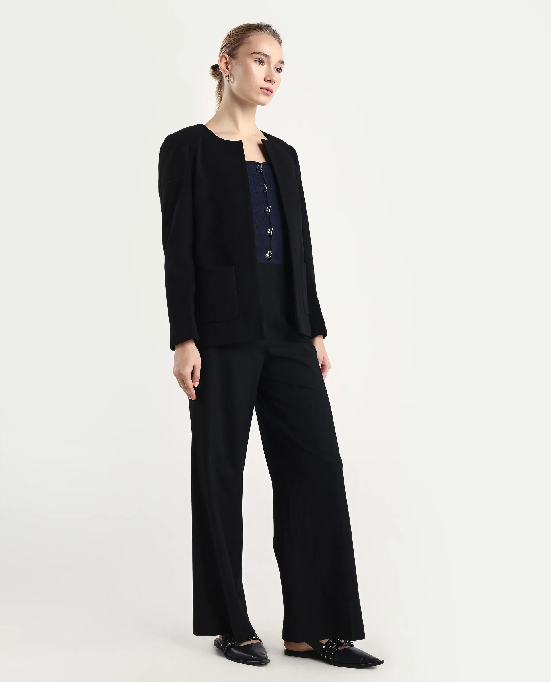 Rareism Women Wido Black Polyester Blend Button Closure Wide Leg Fit Plain Travel Trouser - Image 6