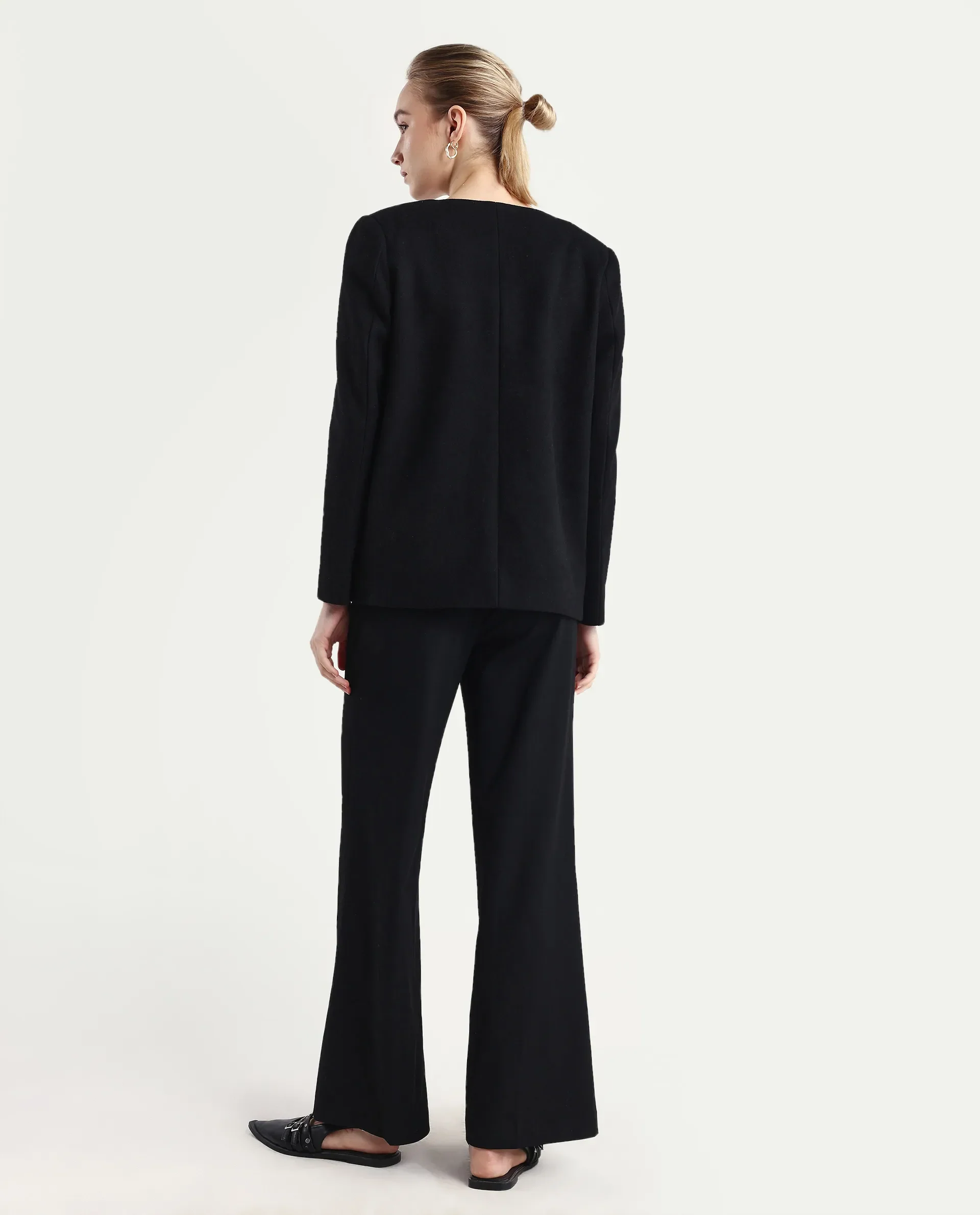 Rareism Women Wido Black Polyester Blend Button Closure Wide Leg Fit Plain Travel Trouser - Image 7
