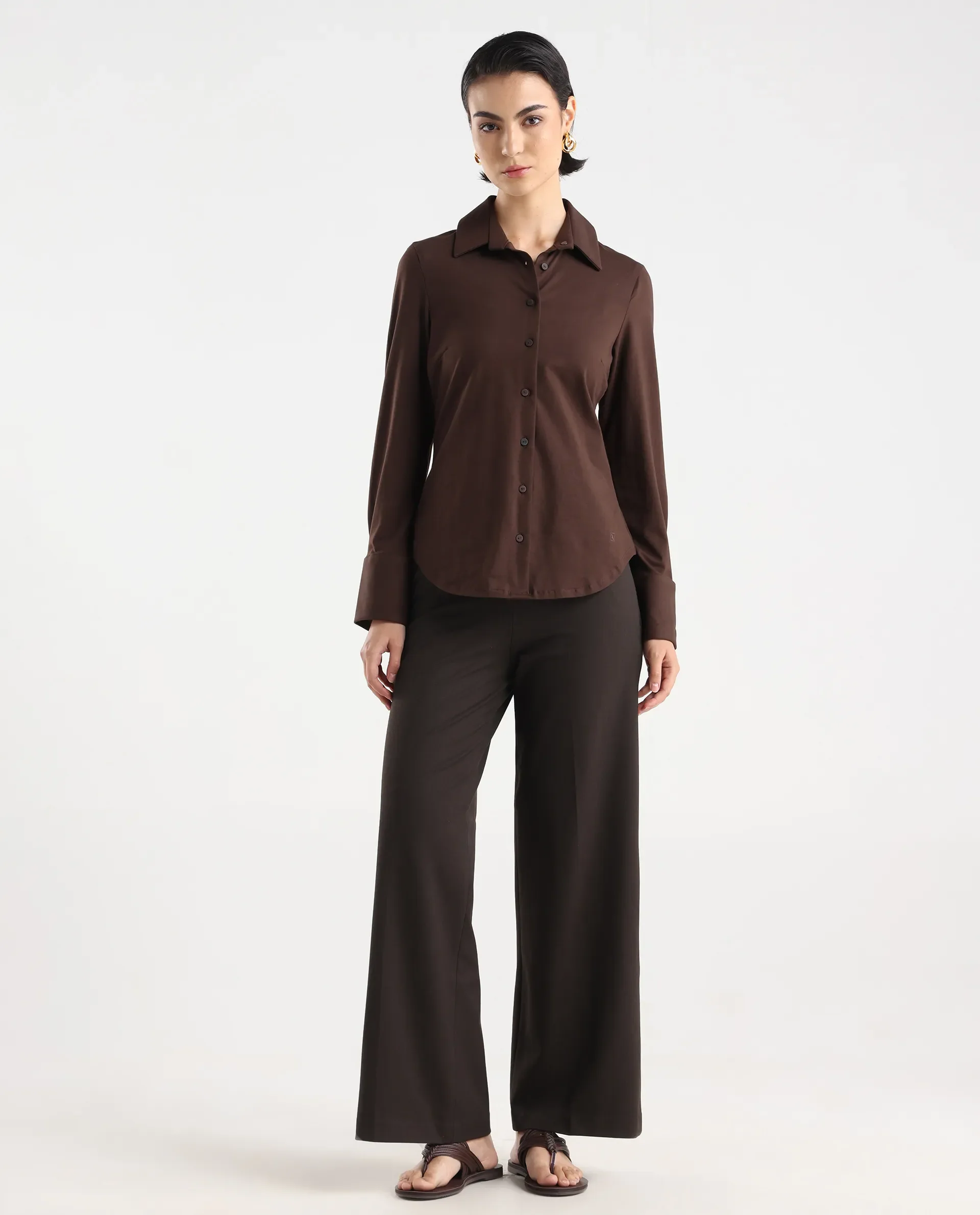 Rareism Women Wido Dark Brown Polyester Blend Button Wide Leg Fit Plain Travel Trouser - Image 3