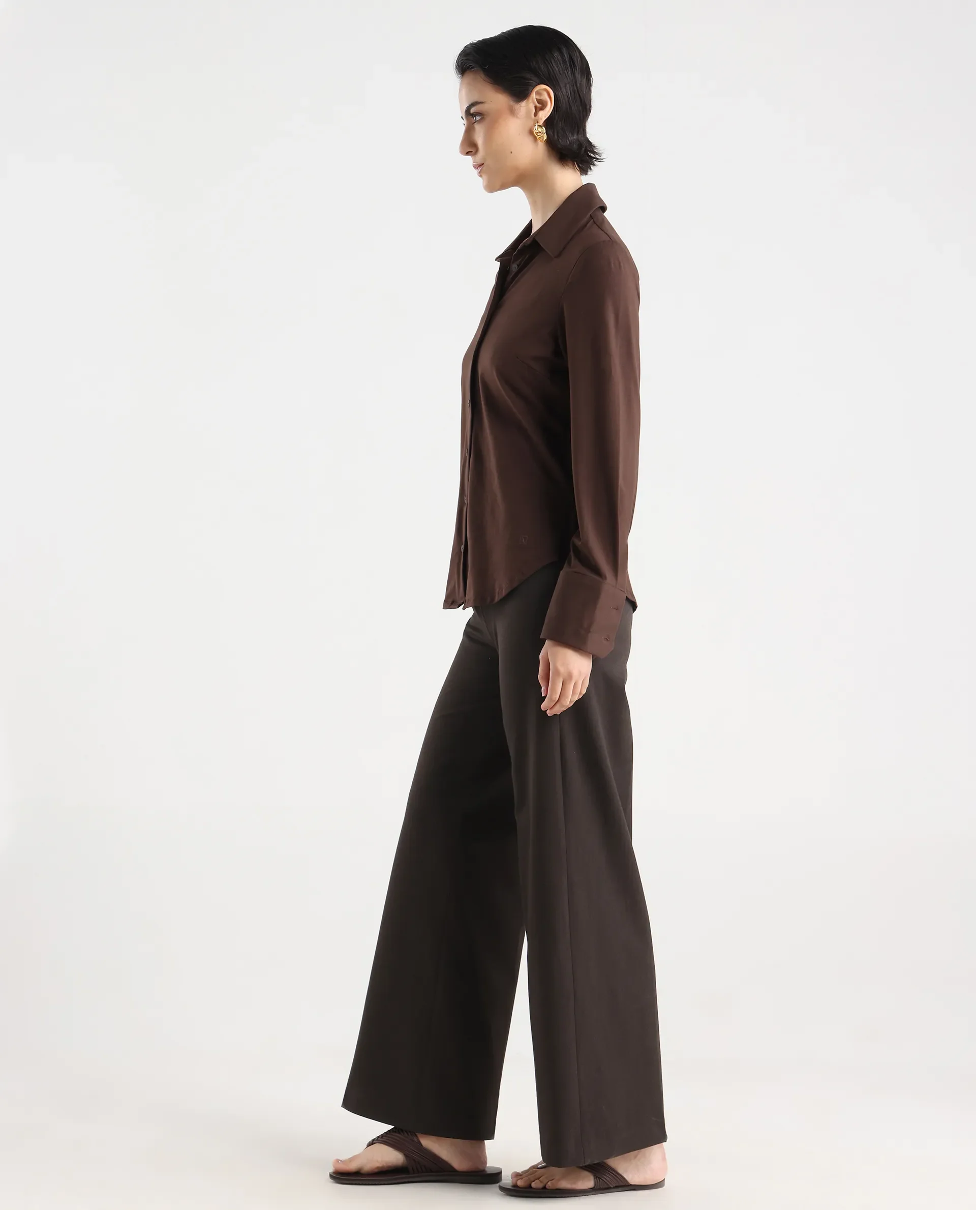 Rareism Women Wido Dark Brown Polyester Blend Button Wide Leg Fit Plain Travel Trouser - Image 5