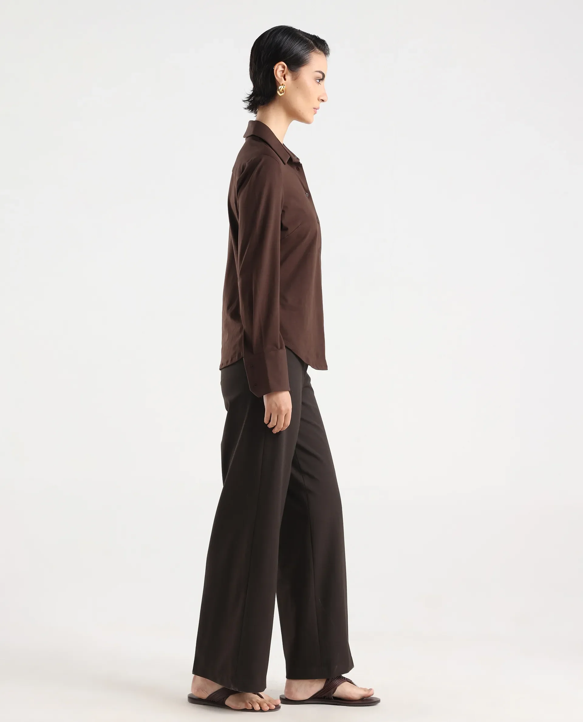 Rareism Women Wido Dark Brown Polyester Blend Button Wide Leg Fit Plain Travel Trouser - Image 6
