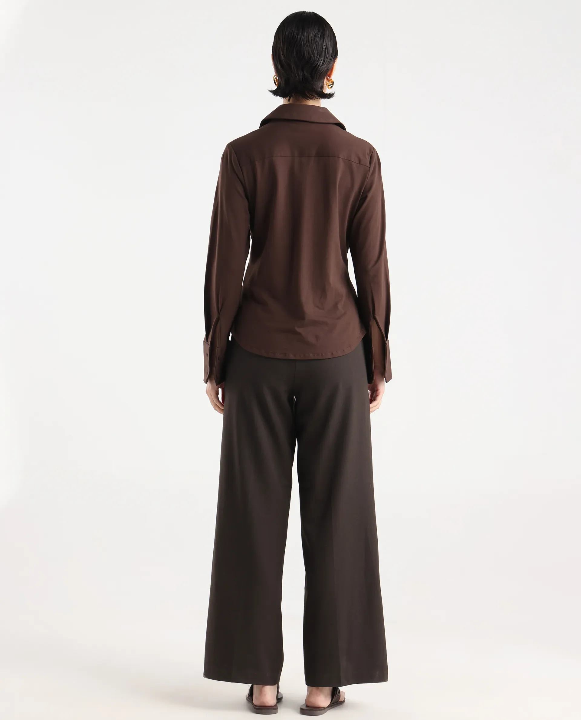 Rareism Women Wido Dark Brown Polyester Blend Button Wide Leg Fit Plain Travel Trouser - Image 7