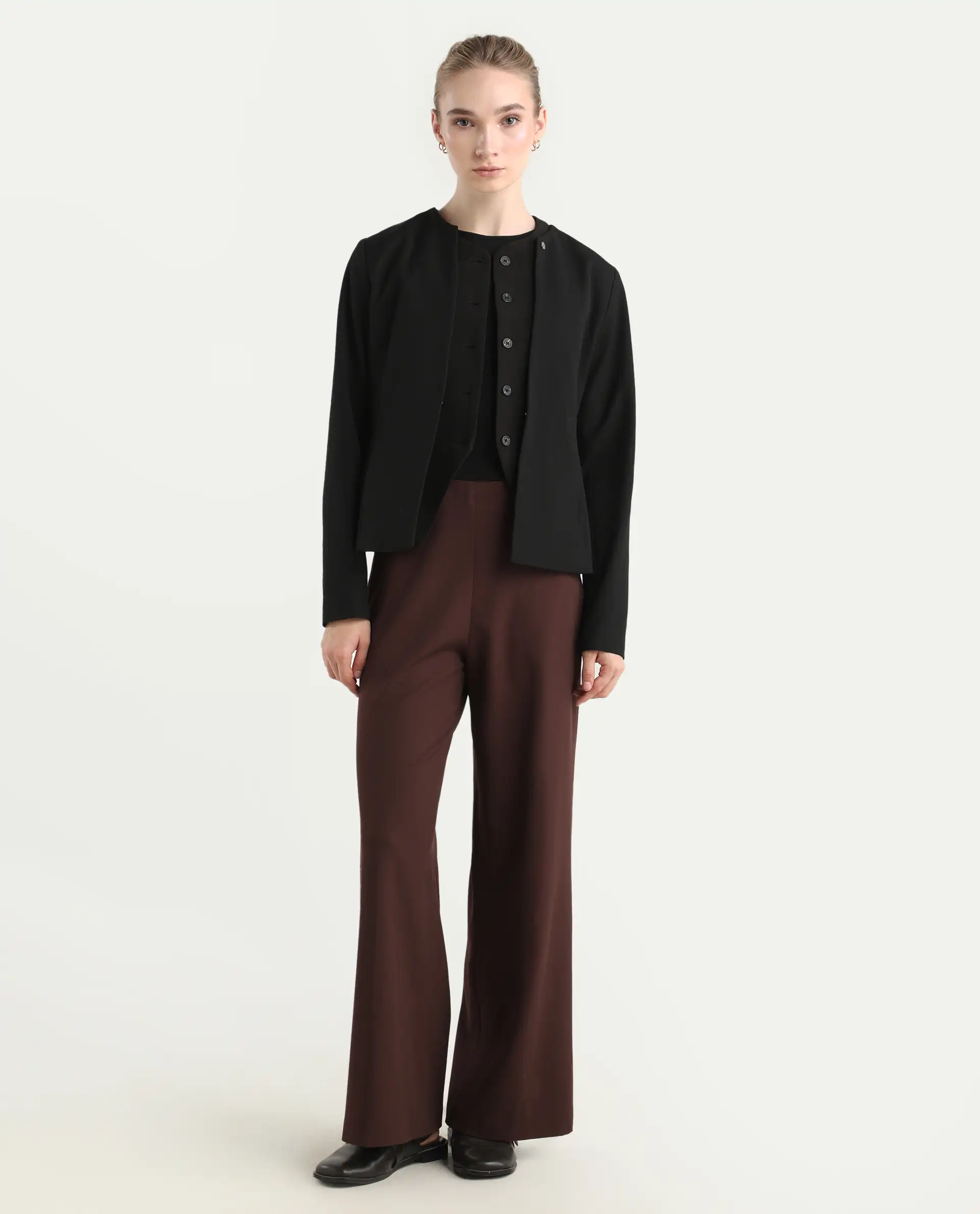Rareism Women Wido Deep Red Polyester Blend Button Closure Wide Leg Fit Plain Travel Trouser - Image 3