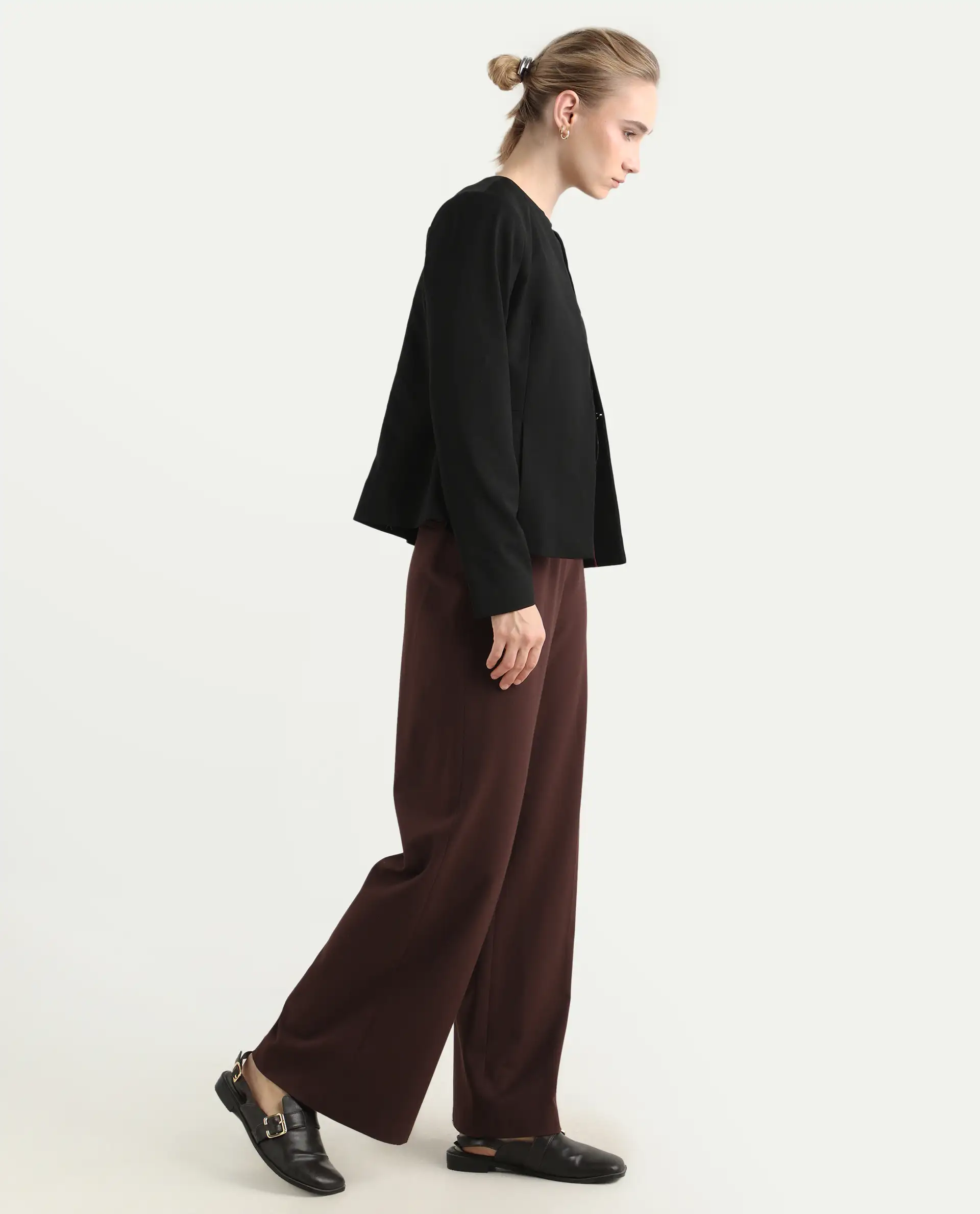 Rareism Women Wido Deep Red Polyester Blend Button Closure Wide Leg Fit Plain Travel Trouser - Image 4