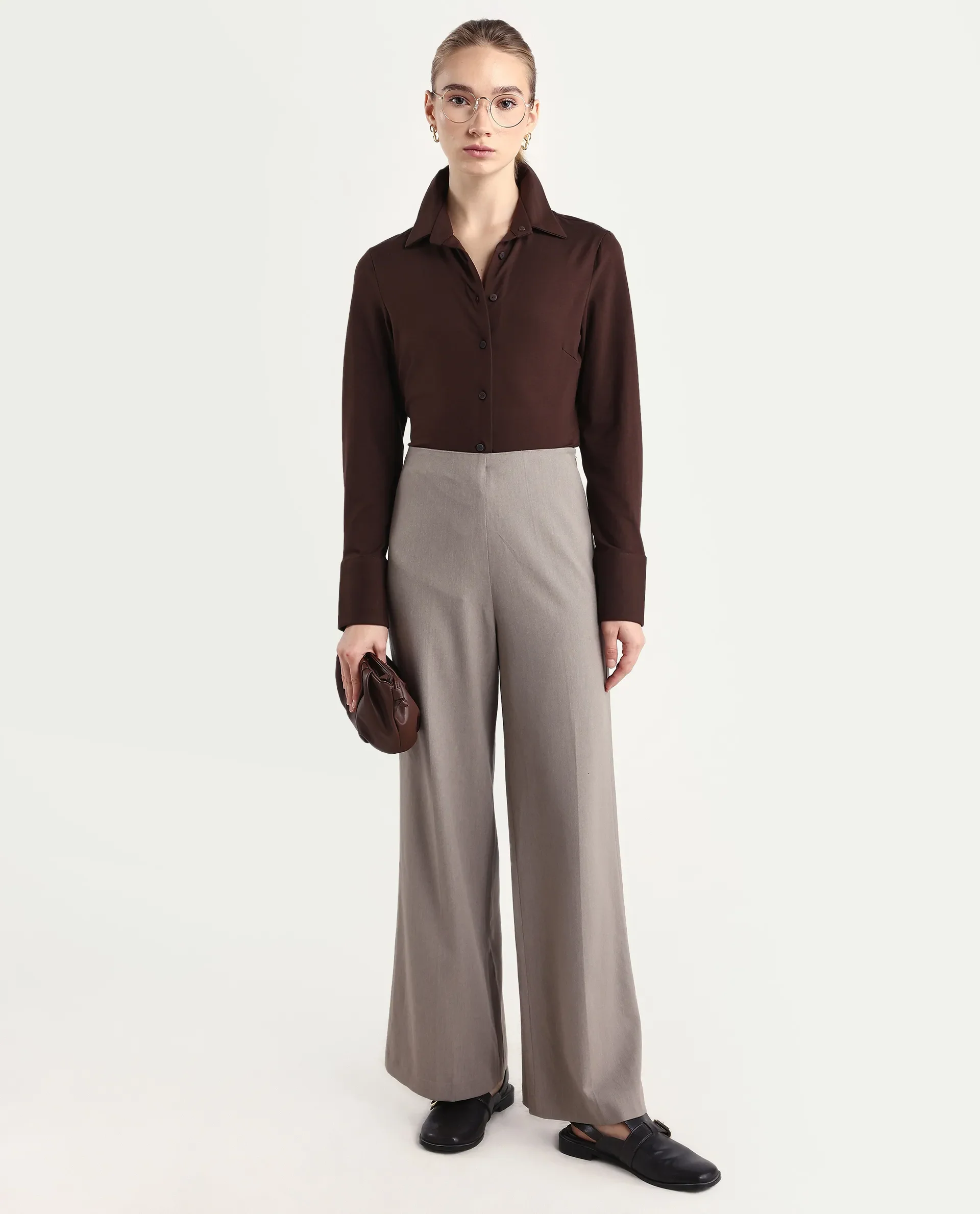 Rareism Women Wido Fawn Polyester Blend Fabric Button Closure Wide Leg Fit Plain Travel Trouser