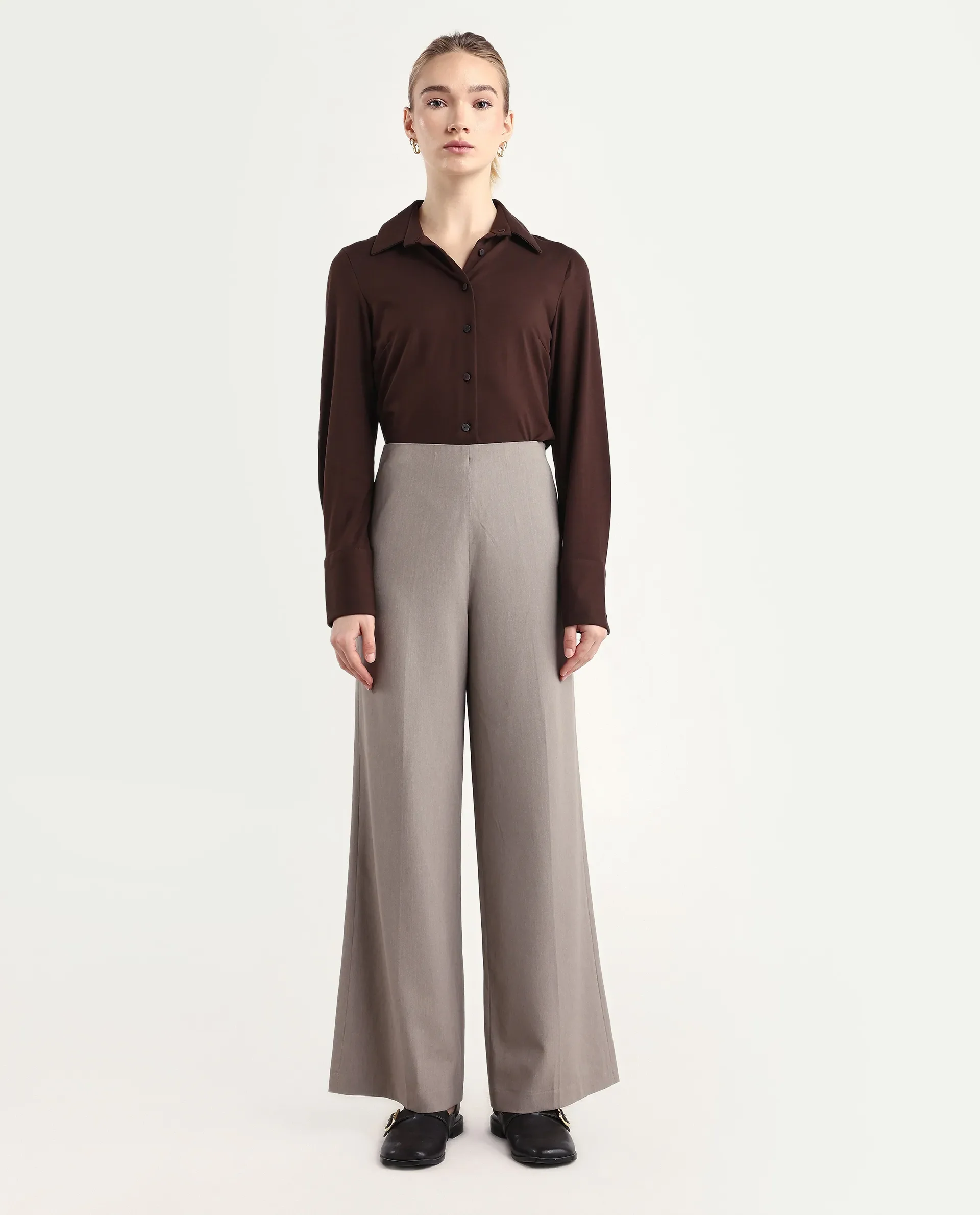 Rareism Women Wido Fawn Polyester Blend Fabric Button Closure Wide Leg Fit Plain Travel Trouser - Image 2
