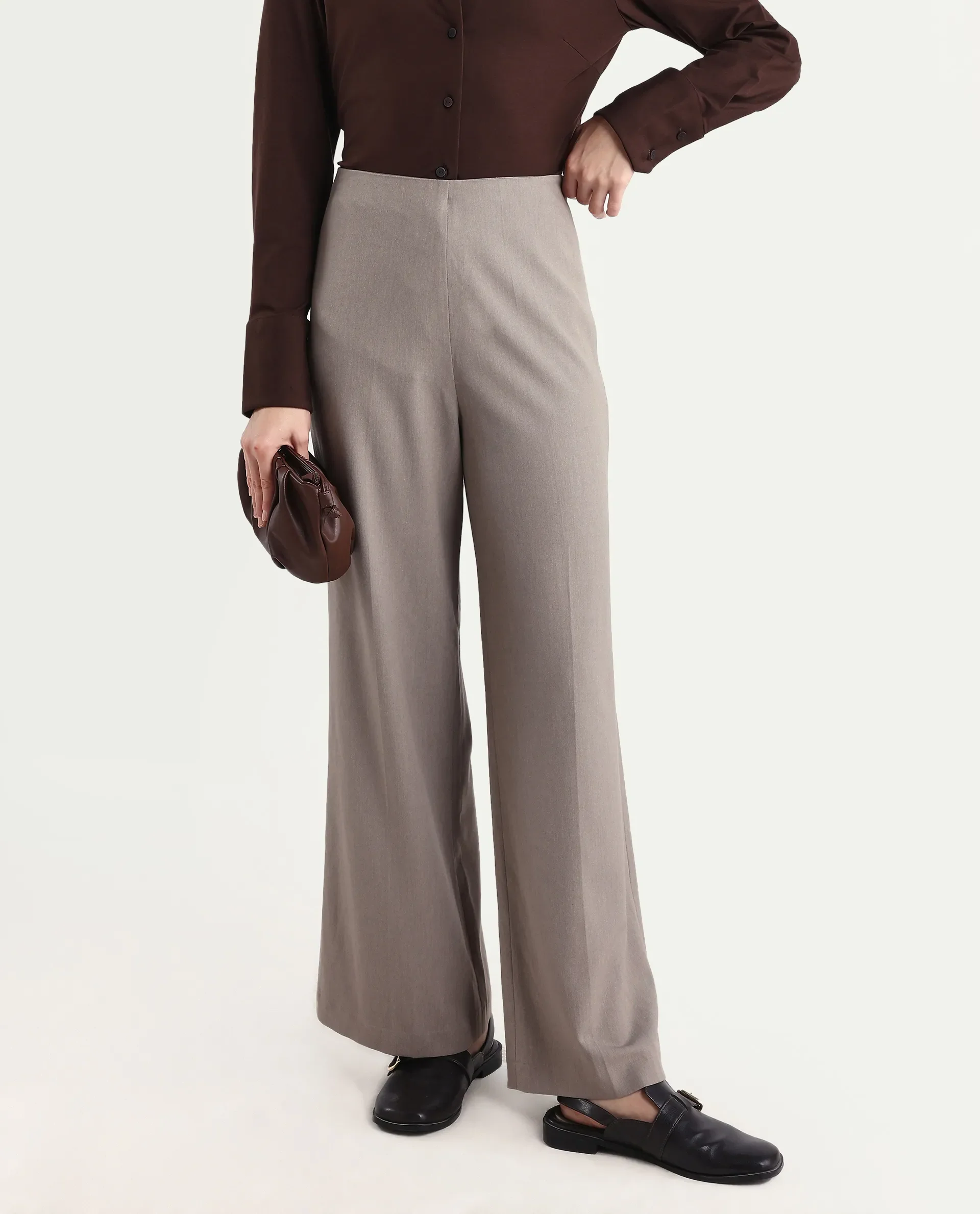 Rareism Women Wido Fawn Polyester Blend Fabric Button Closure Wide Leg Fit Plain Travel Trouser - Image 3