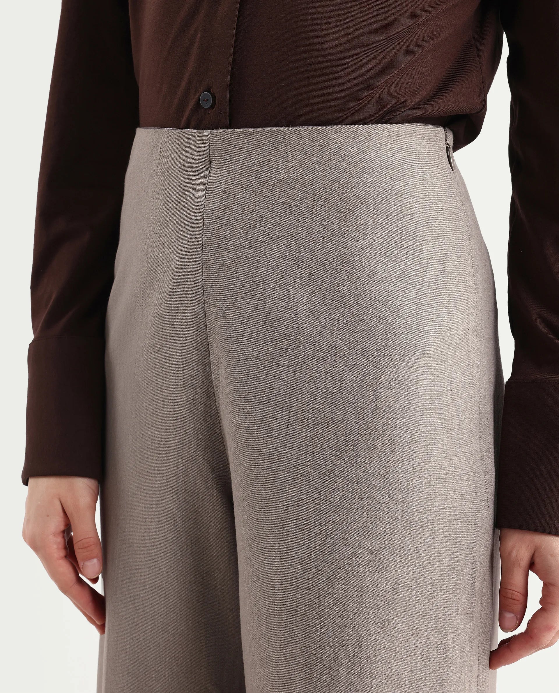 Rareism Women Wido Fawn Polyester Blend Fabric Button Closure Wide Leg Fit Plain Travel Trouser - Image 4