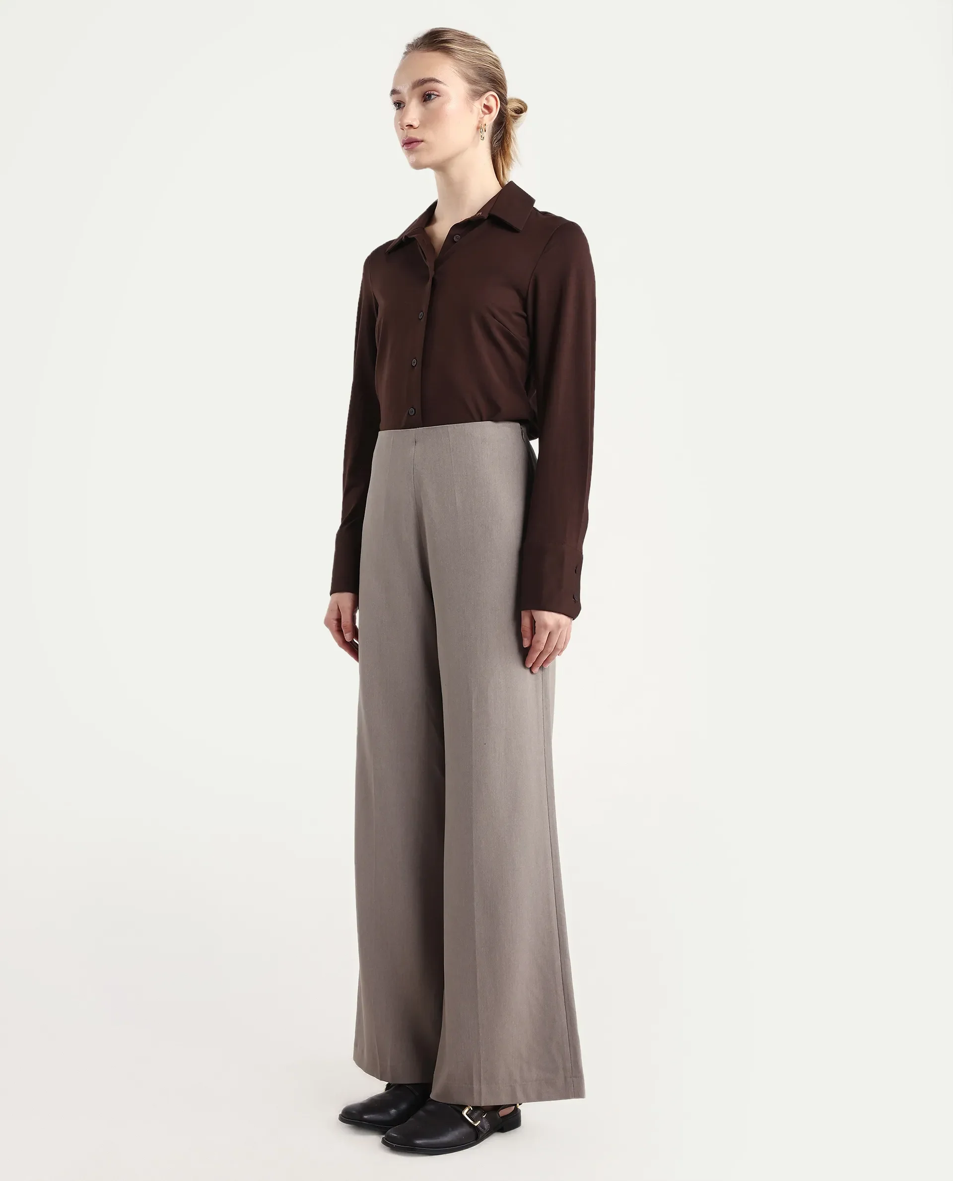 Rareism Women Wido Fawn Polyester Blend Fabric Button Closure Wide Leg Fit Plain Travel Trouser - Image 5