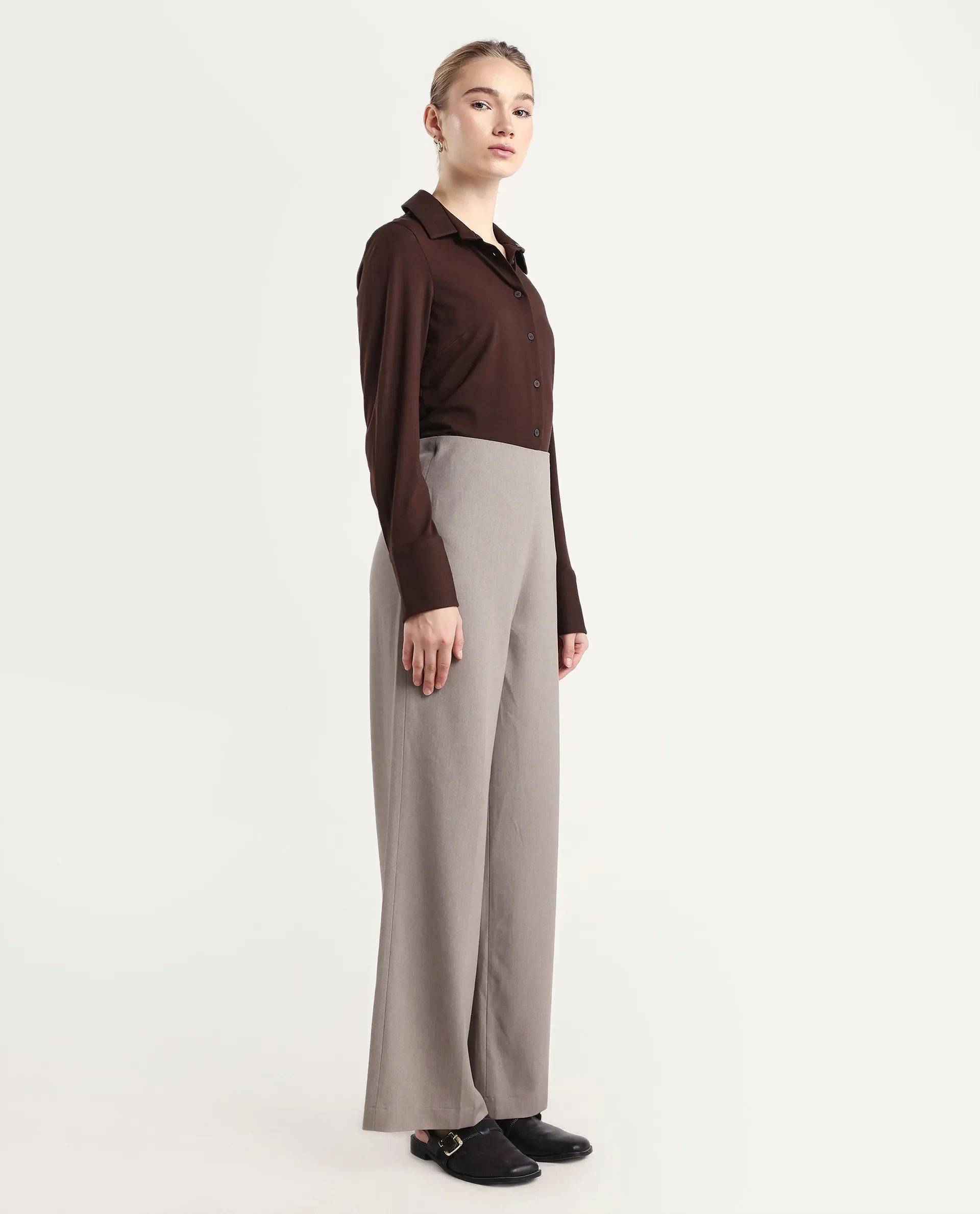Rareism Women Wido Fawn Polyester Blend Fabric Button Closure Wide Leg Fit Plain Travel Trouser - Image 6