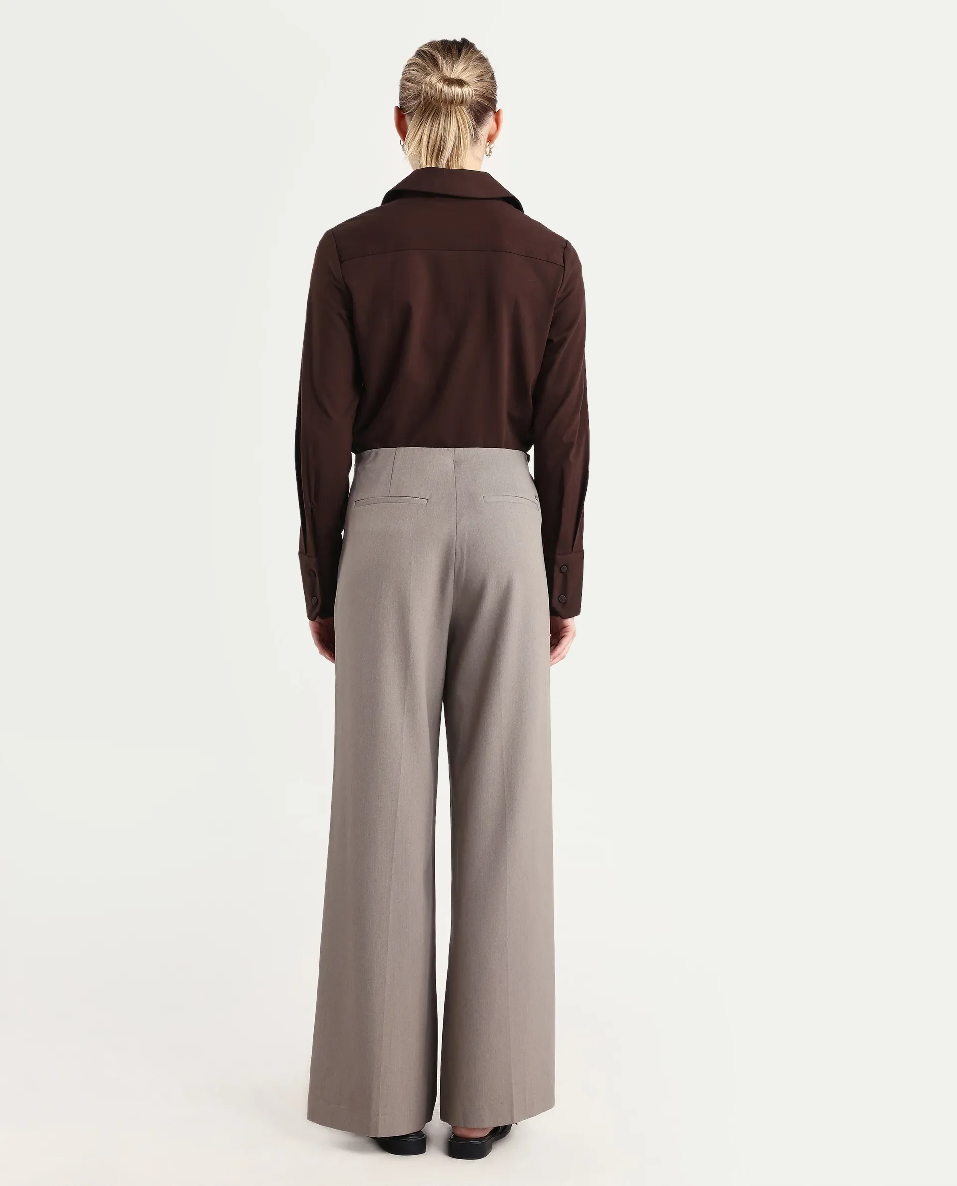Rareism Women Wido Fawn Polyester Blend Fabric Button Closure Wide Leg Fit Plain Travel Trouser - Image 7