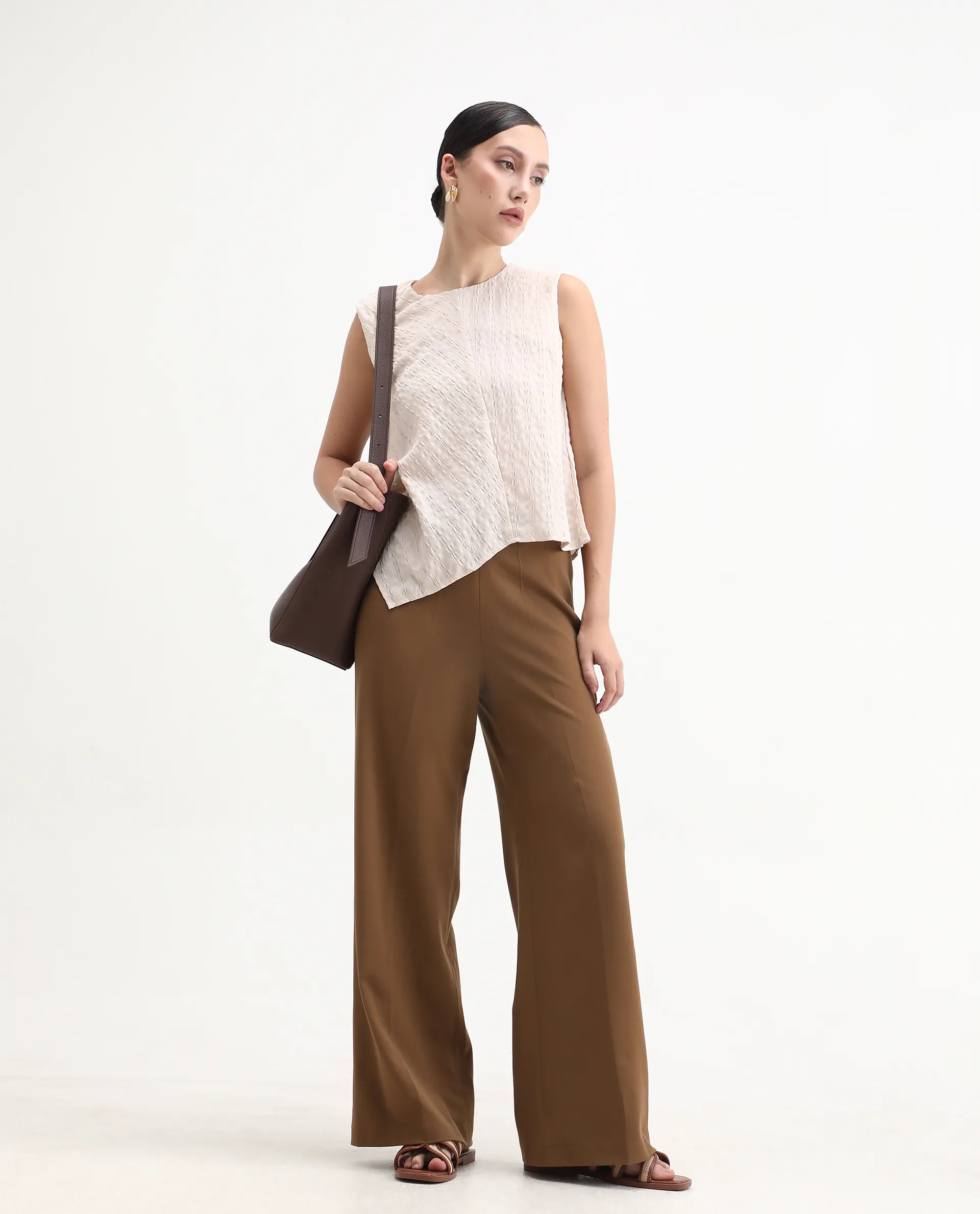Rareism Women's Wido Light Brown Polyester Blend Wide Leg Plain Travel Trouser - Image 2